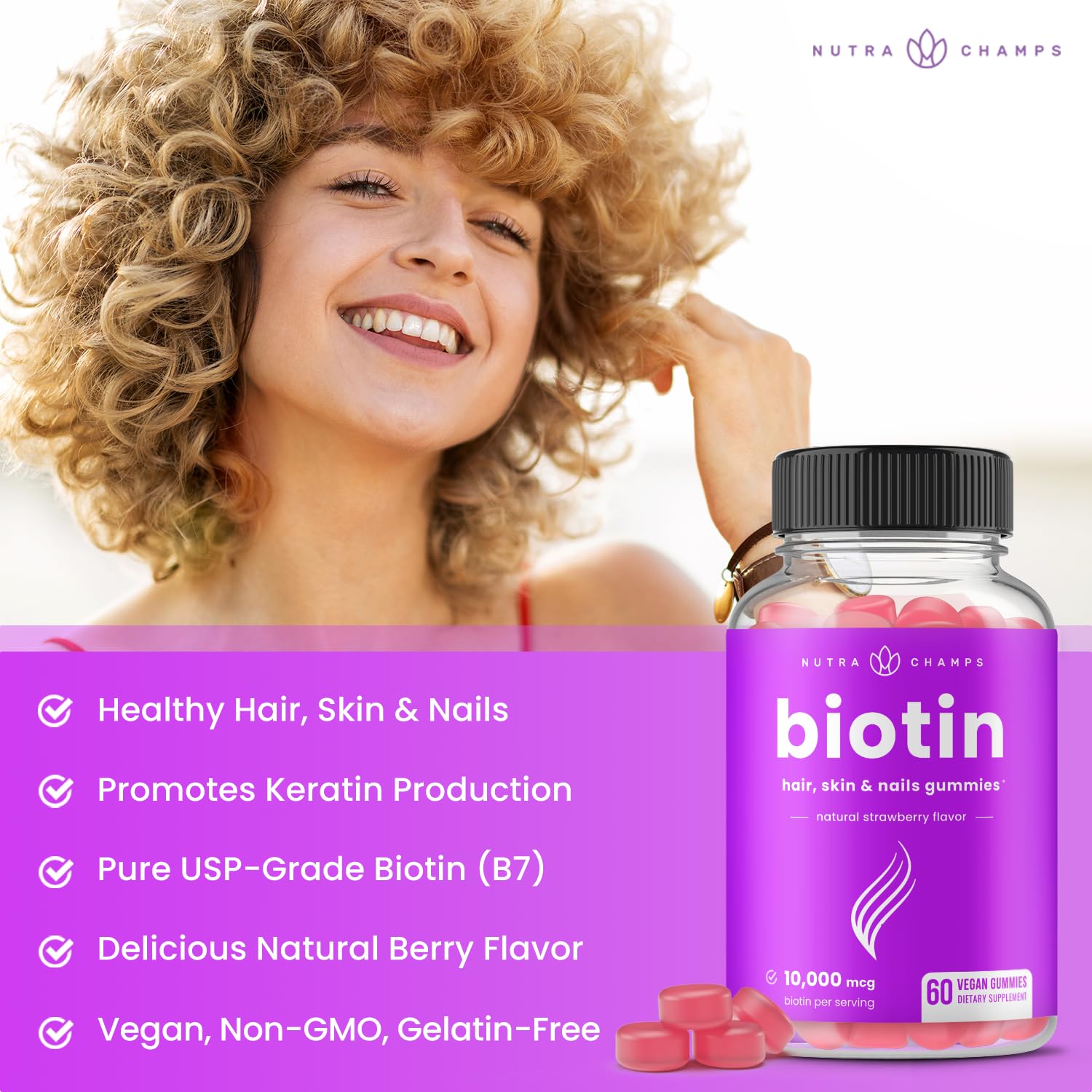 NutraChamps Biotin Gummies High Potency | Hair Skin Nails

