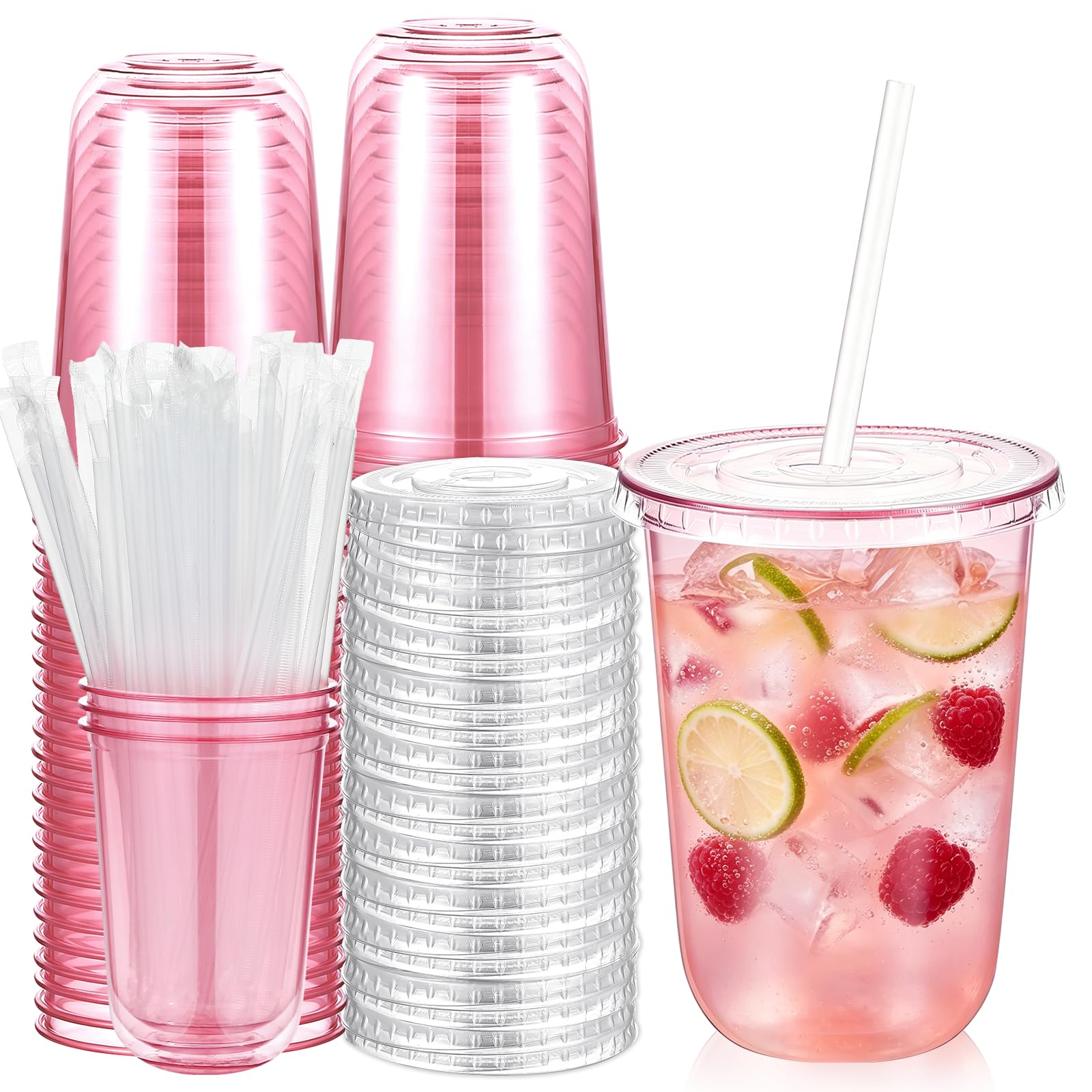 Ziliny PET Cups with Lids and Straws – Disposable Drink Cups