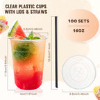 tchrules Plastic Cups with Lids and Straws - 100 Set

