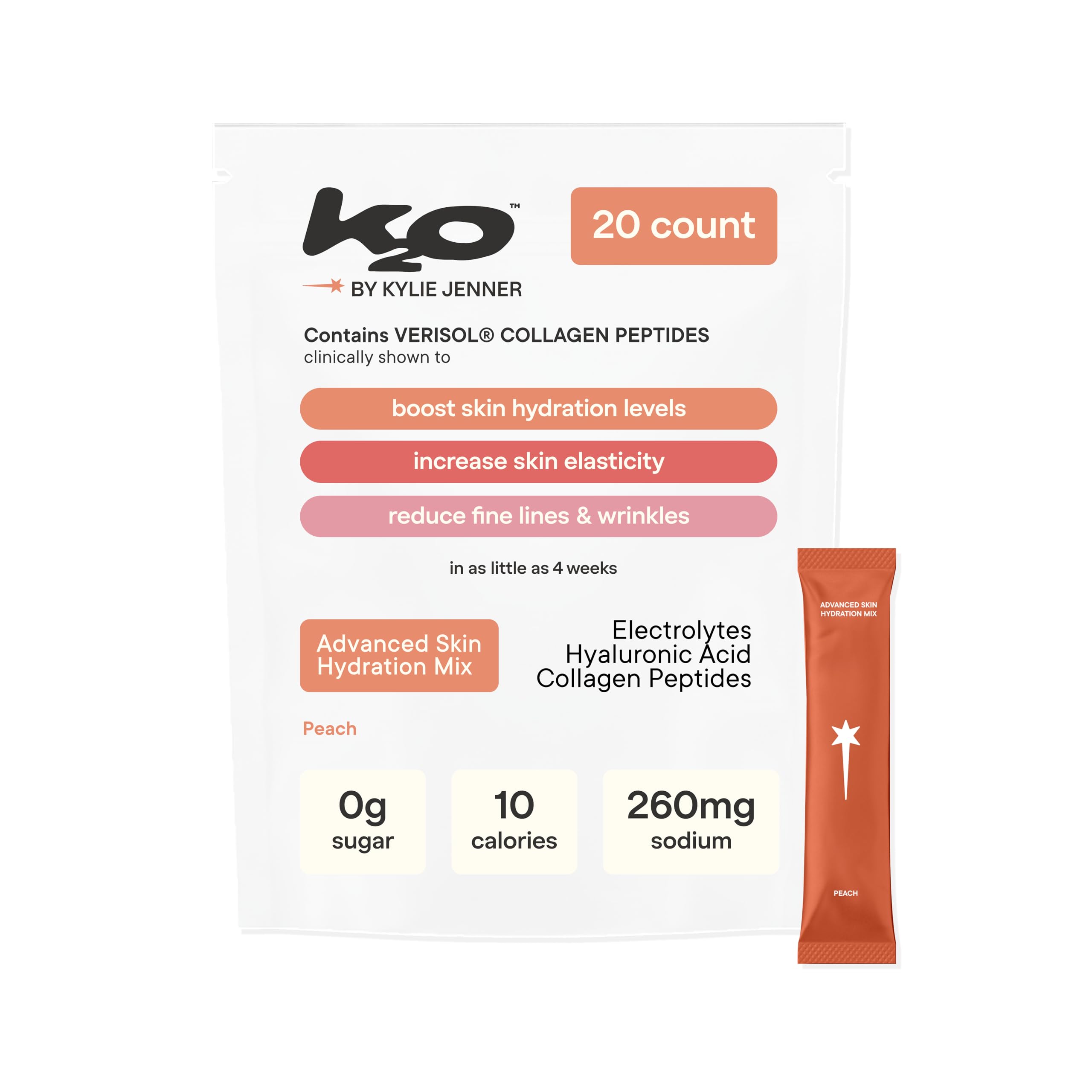 k2o by Kylie Jenner Skin Hydration Mix with Electrolytes, Hyaluronic Acid & Verisol Collagen Peptides