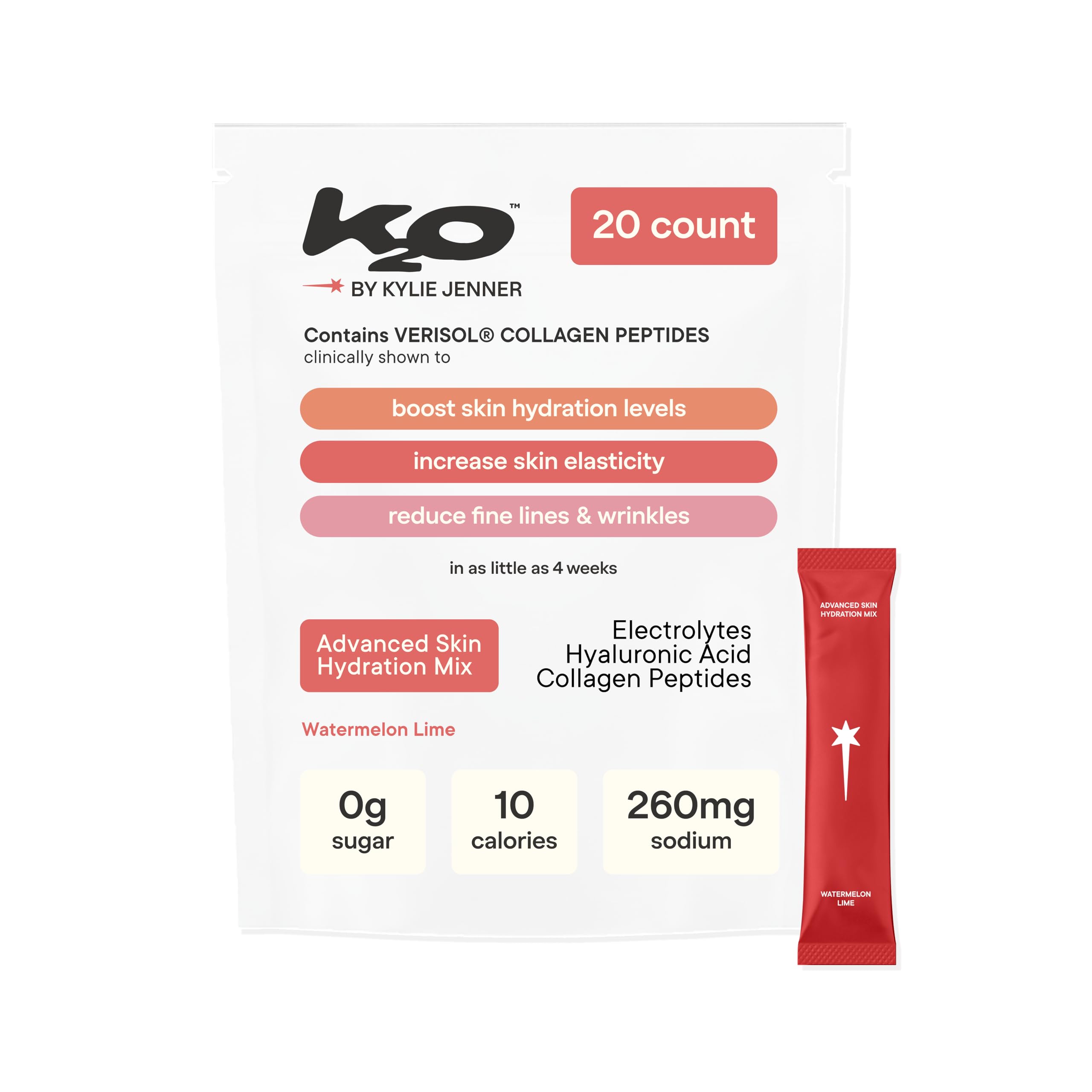k2o by Kylie Jenner Skin Hydration Mix with Electrolytes, Hyaluronic Acid & Verisol Collagen Peptides