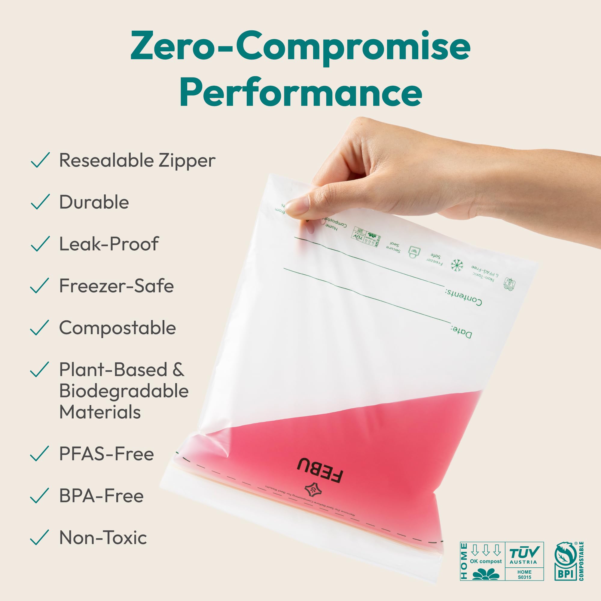 FEBU Compostable Food Storage Bags | PFAS & BPA Free

