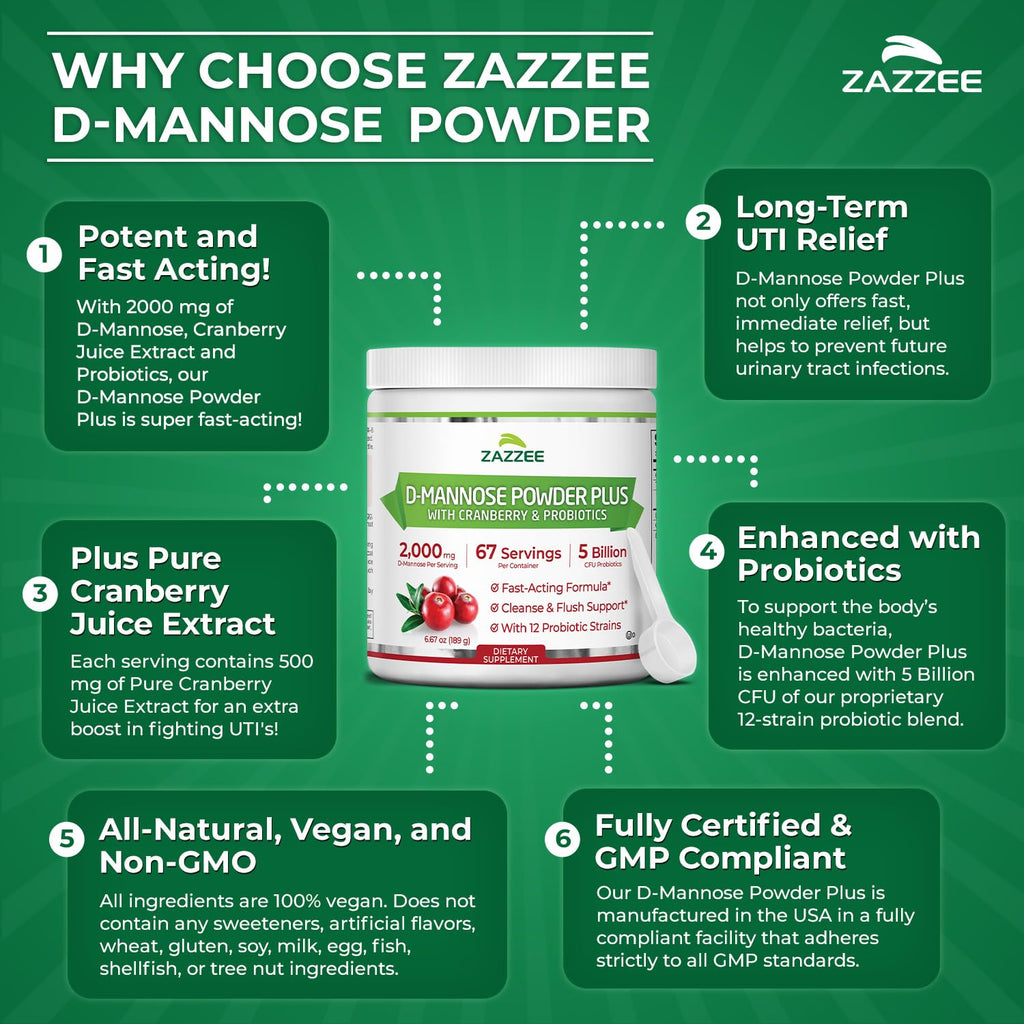 Zazzee D-Mannose Powder Plus with Probiotics & Cranberry

