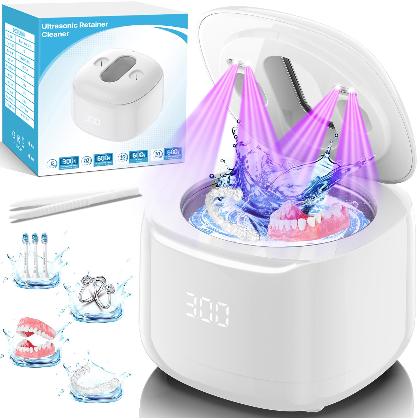 Ultrasonic Retainer Cleaner Machine for Dentures and Aligners, 49KHz, 220ML