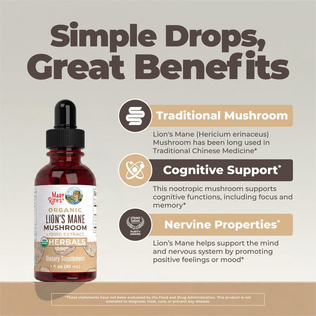 MaryRuth's Lions Mane Mushroom Liquid Drops for Brain Health

