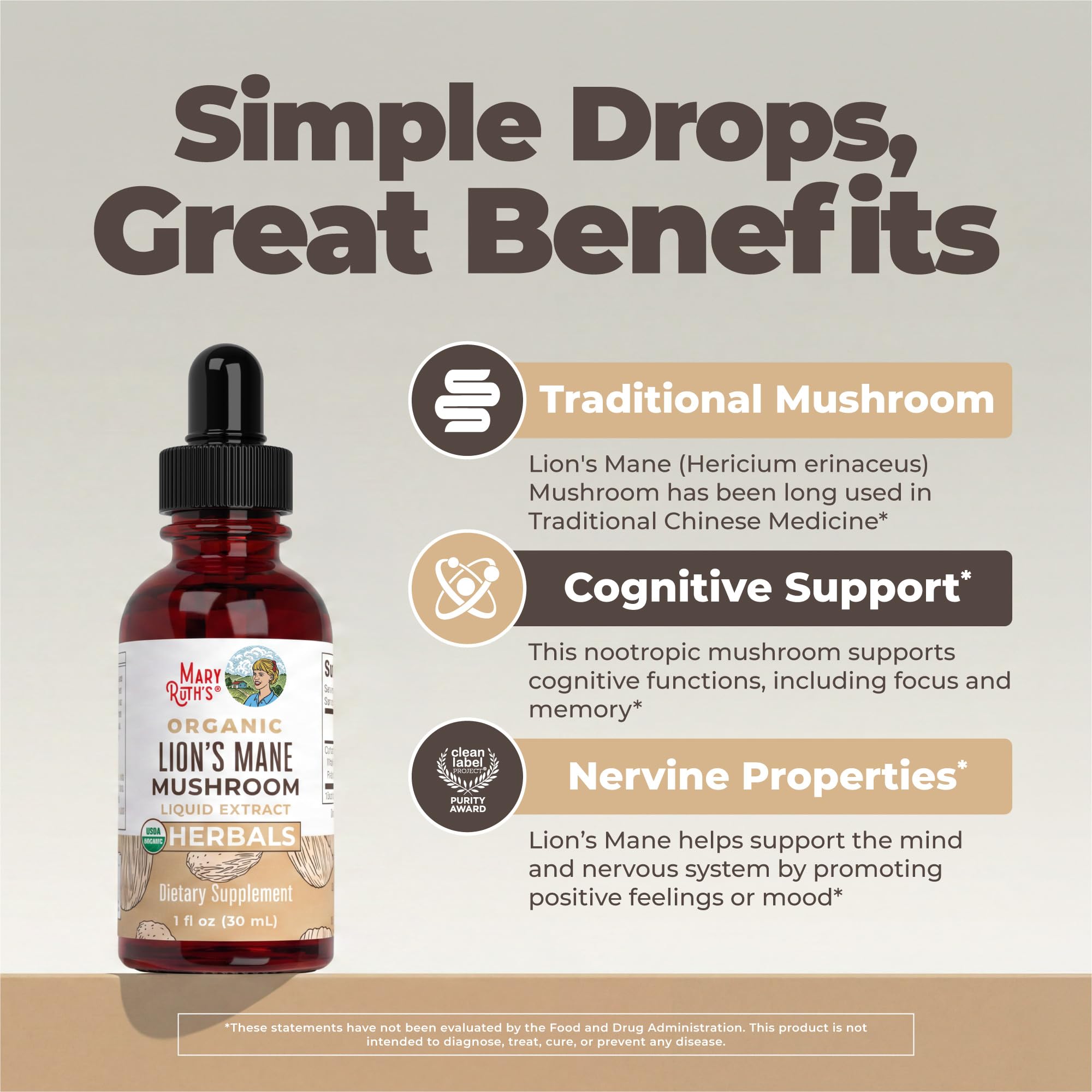 MaryRuth's Lions Mane Mushroom Liquid Drops for Brain Health


