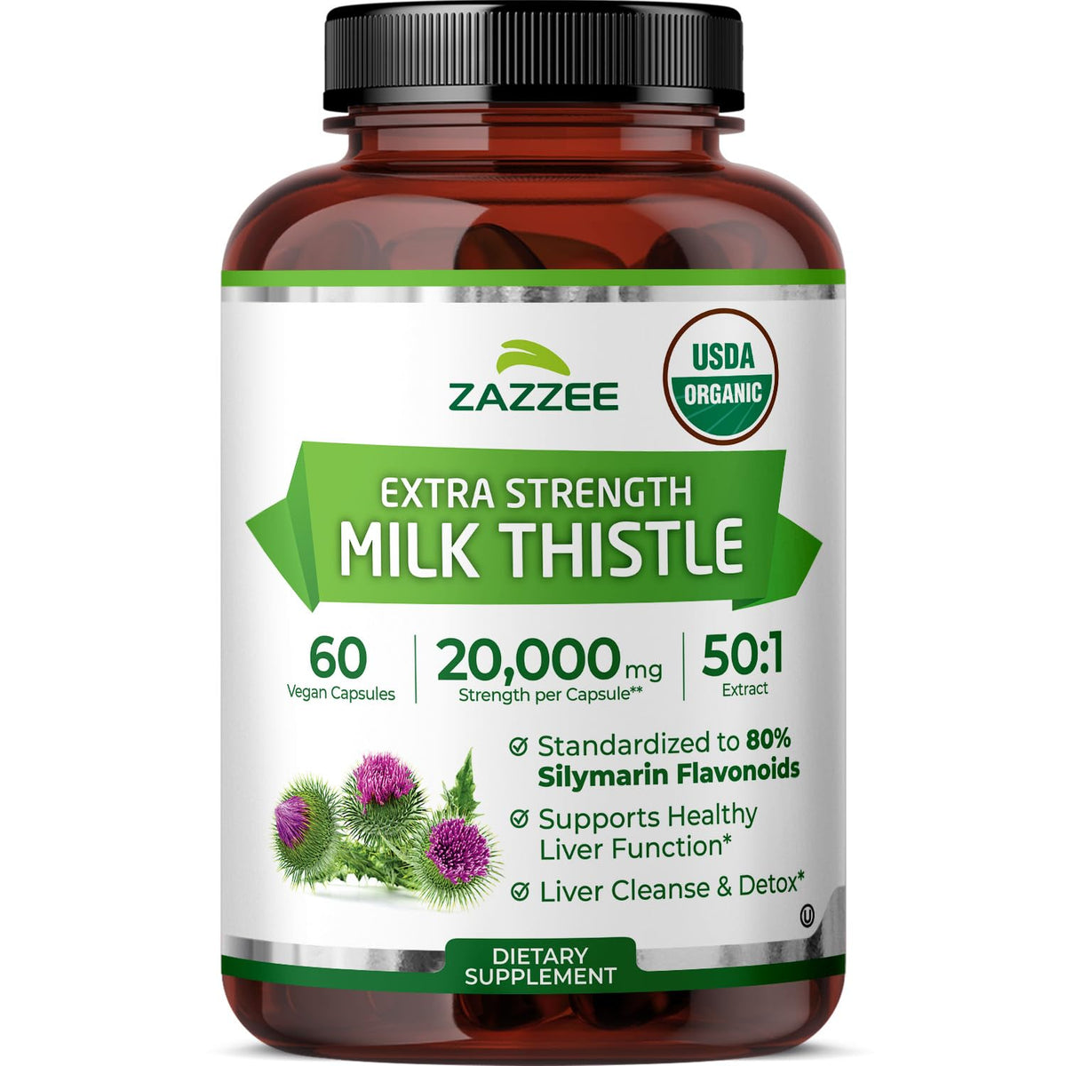 Zazzee USDA Organic Milk Thistle 50:1 Extract, 80% Silymarin, Vegan Capsules, Made in USA
