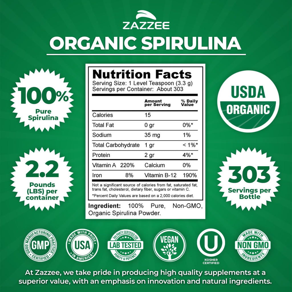 Zazzee USDA Organic Spirulina Powder - 100% Pure


