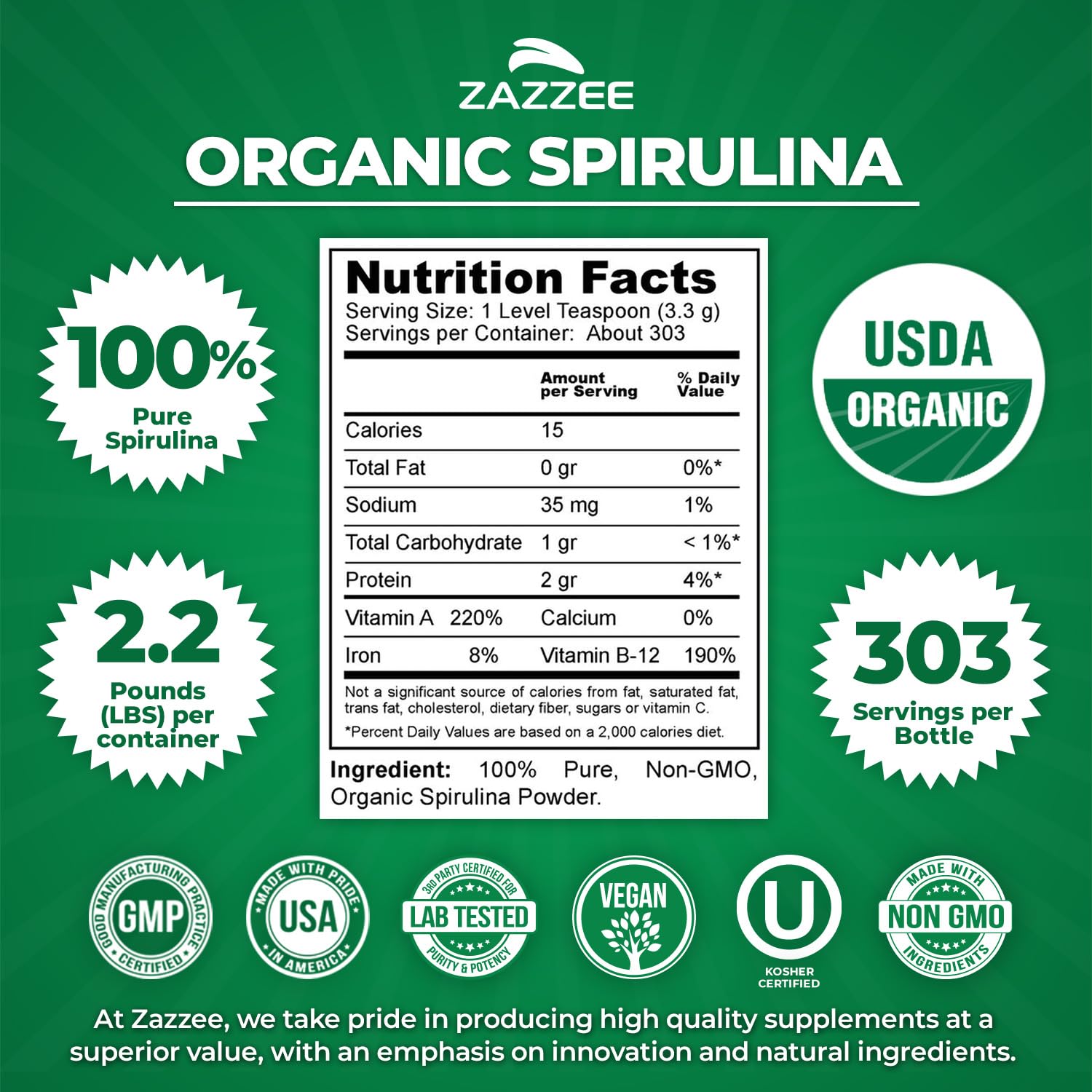 Zazzee USDA Organic Spirulina Powder - 100% Pure

