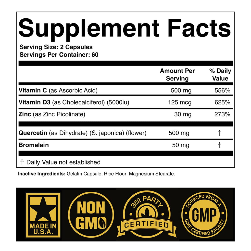 SPARTIS Zinc Quercetin Immune Support with C, D3, Bromelain

