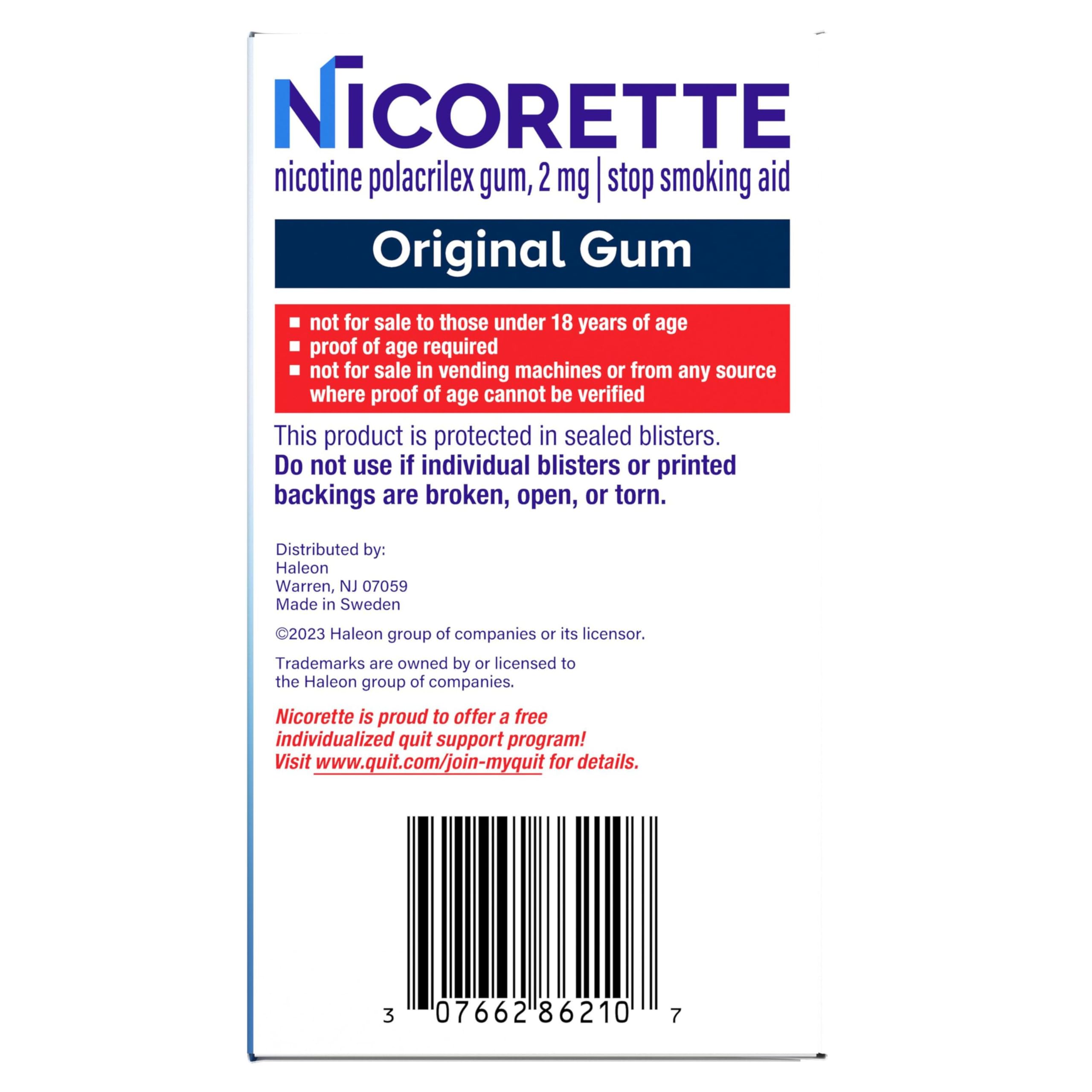 Nicorette Nicotine Gum Stop Smoking Aid 2 mg Original Flavor

