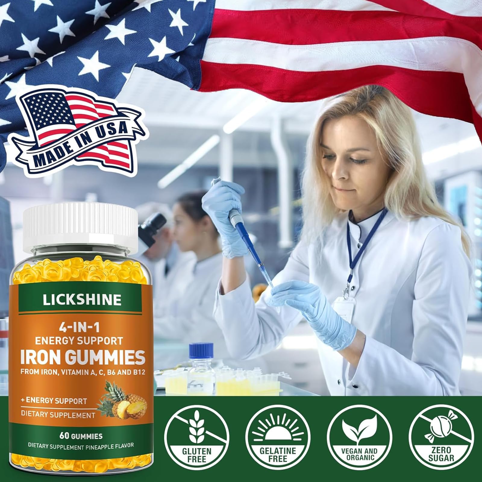 Lickshine Vegan Iron Gummies with Vitamin C Pineapple

