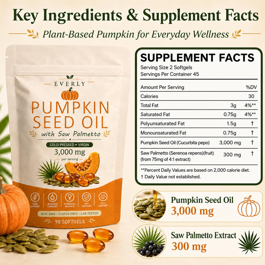 Everly Pumpkin Seed Oil with Saw Palmetto Softgels - Cold Pressed

