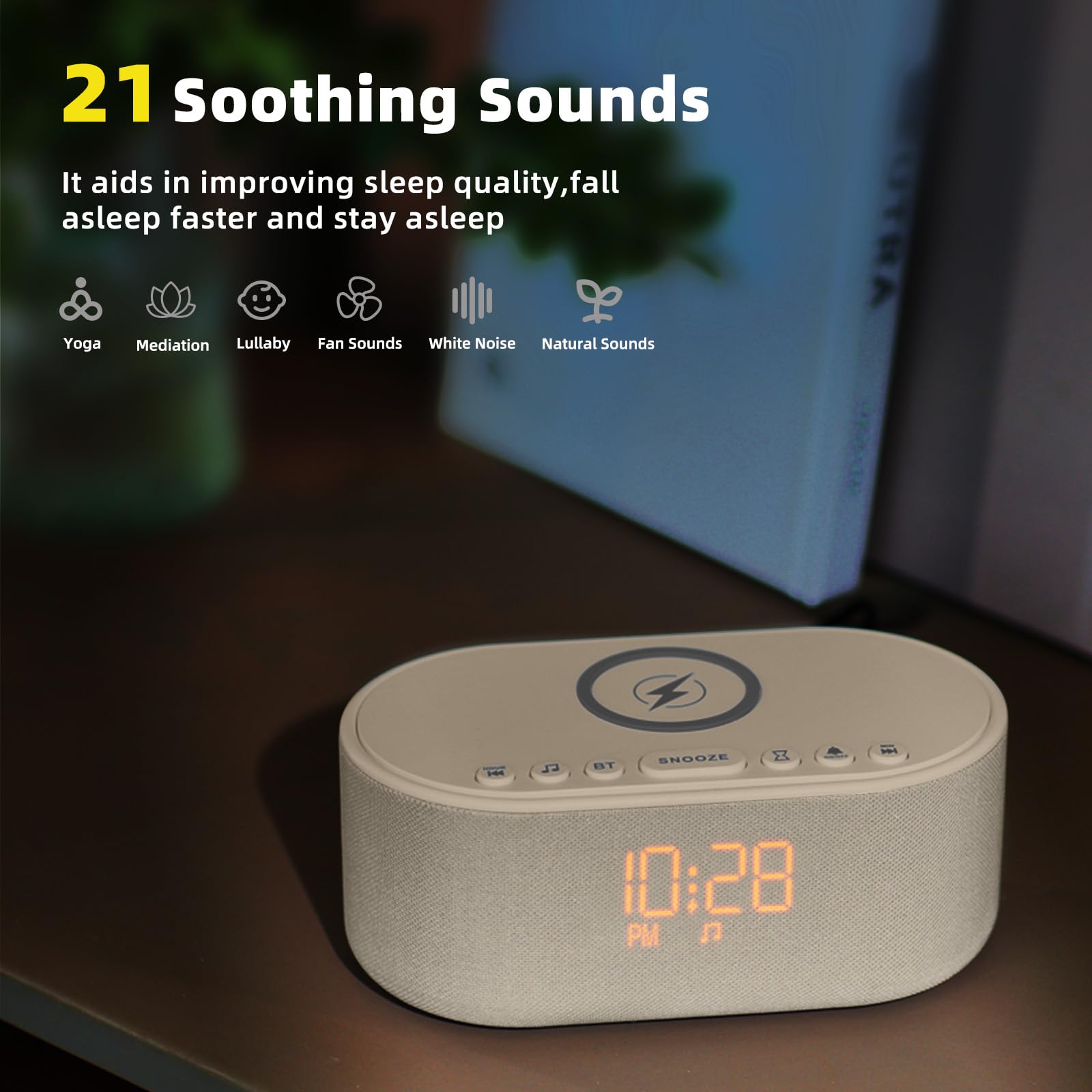 Sound Machine Alarm Clock with Bluetooth & Wireless Charging

