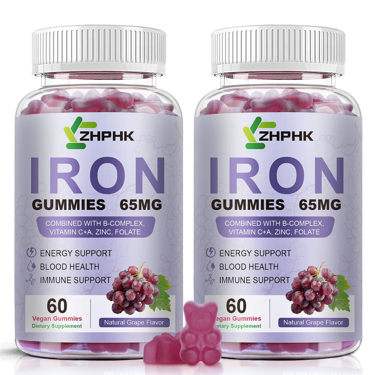 ZHPHK Iron Gummies – 65mg Iron with Folate, Gluten-Free Vegan