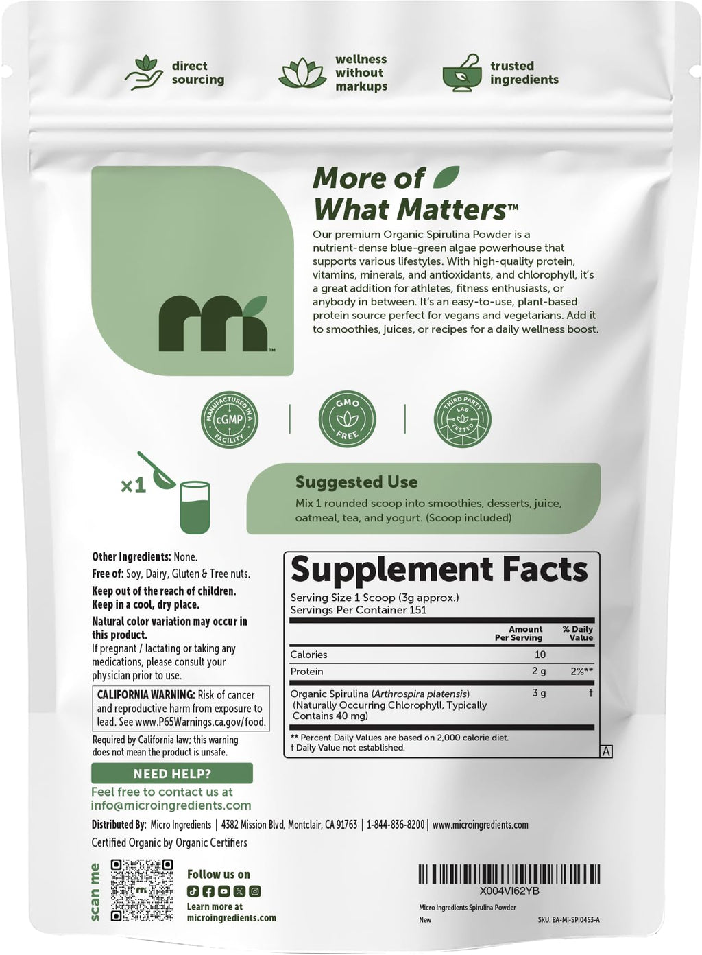 Micro Ingredients Spirulina Powder - Organic Vegan Protein

