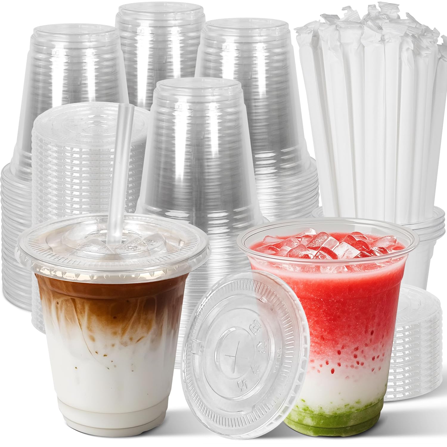 Charmount Clear Plastic Cups with Lids & Straws, Disposable To-Go Cups for Cold Drinks