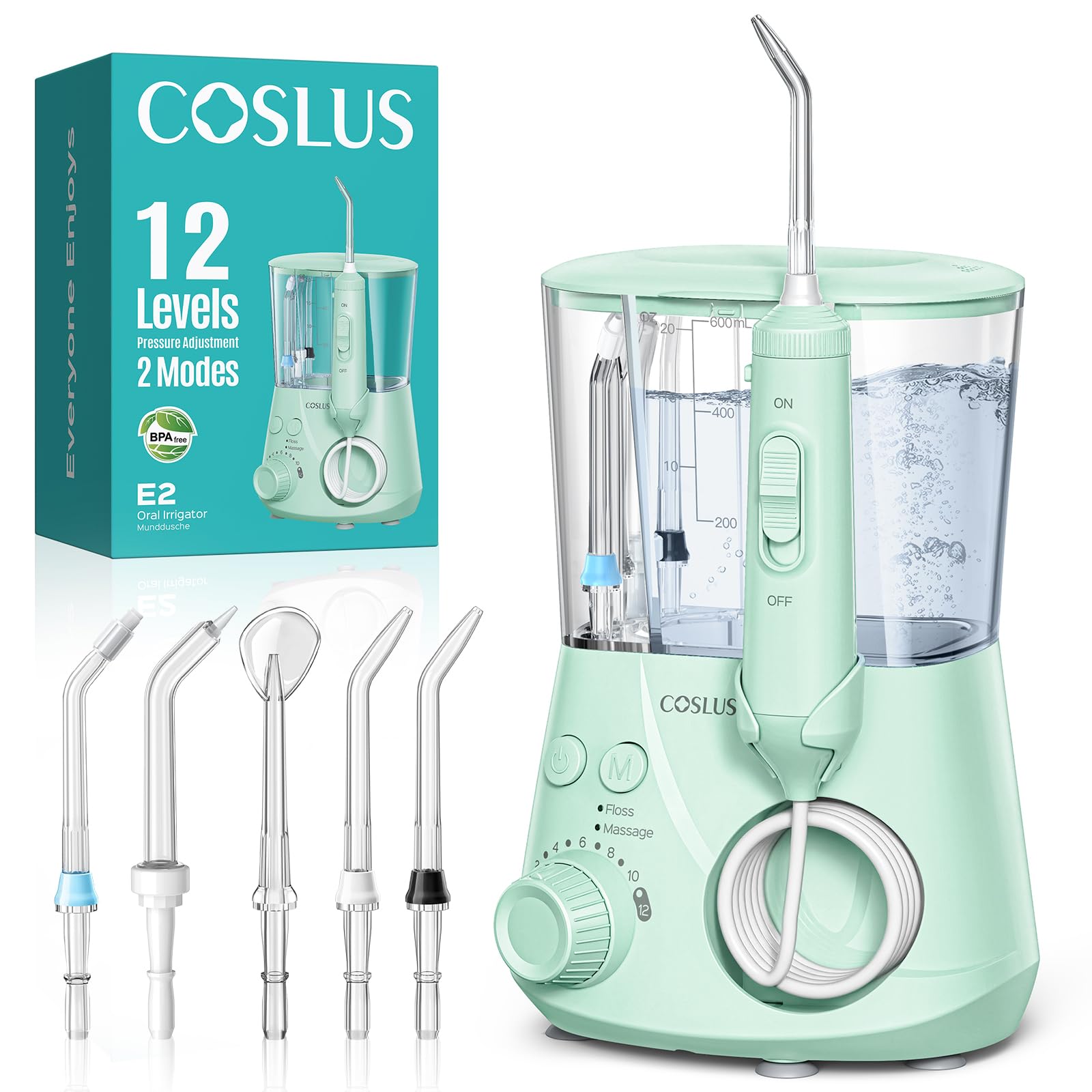 COSLUS E2 Water Flosser – 12 Settings, 2 Modes

