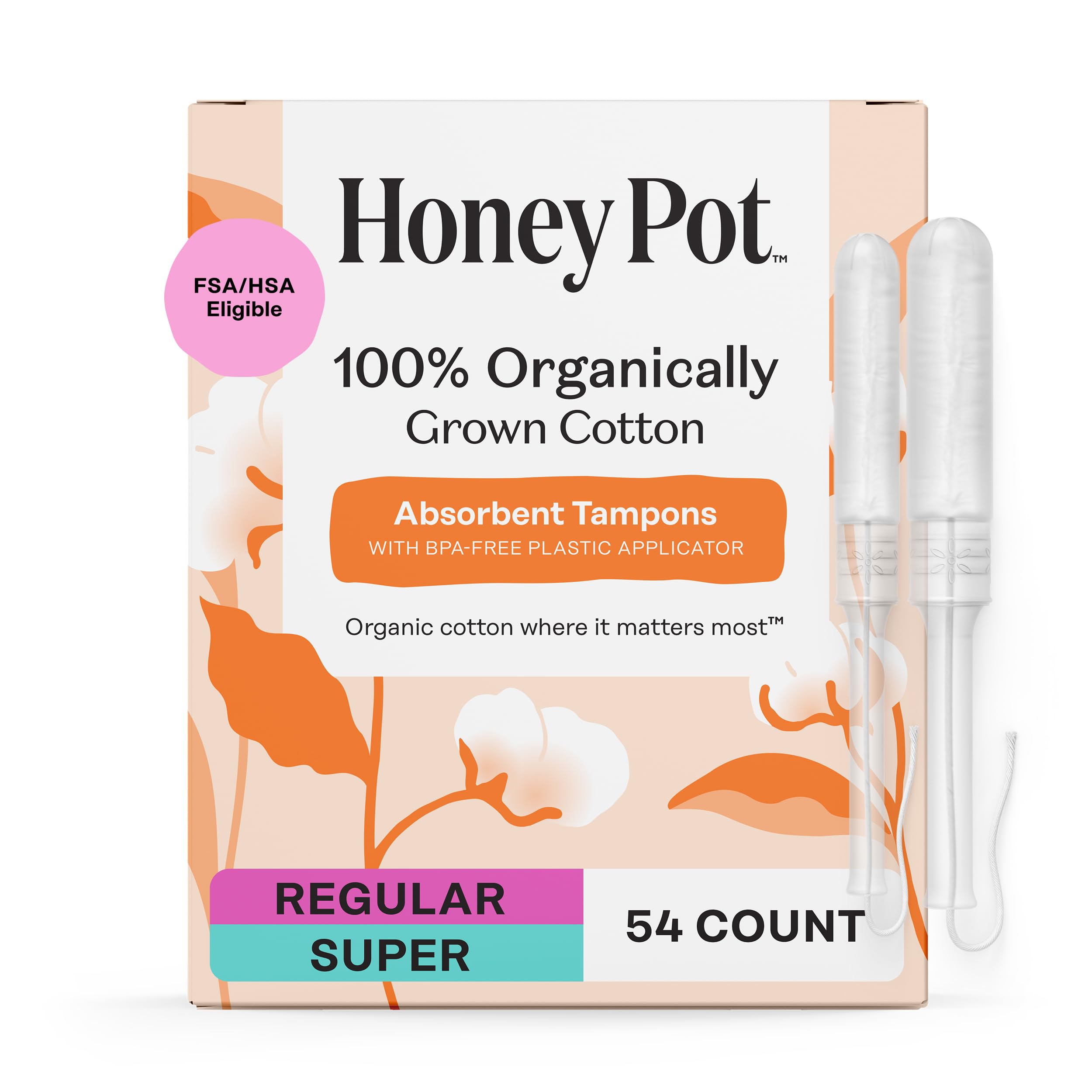 Honey Pot Organic Cotton Tampons with Bio Plastic Applicator - Fragrance-Free Feminine Care