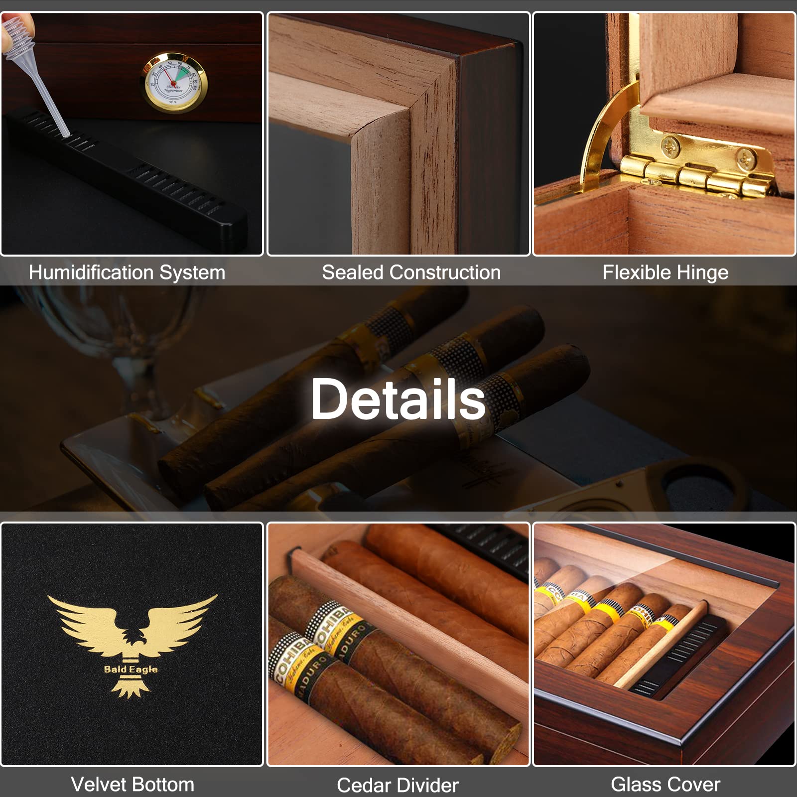 Bald Eagle Cigar Humidor with Glass Top | Desktop Humidor Box

