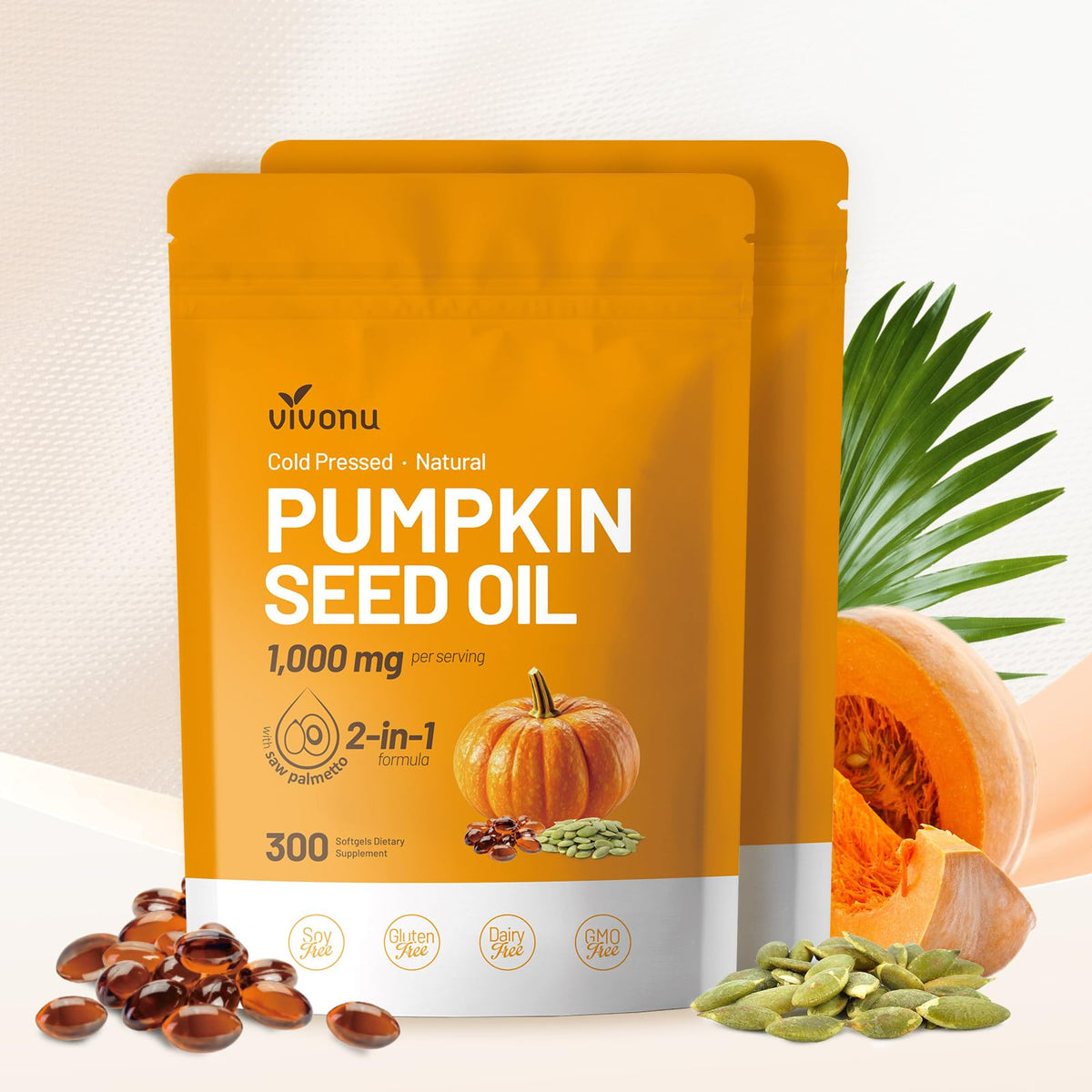 VivoNu Pumpkin Seed Oil with Saw Palmetto Capsules – Cold-Pressed, Non-GMO