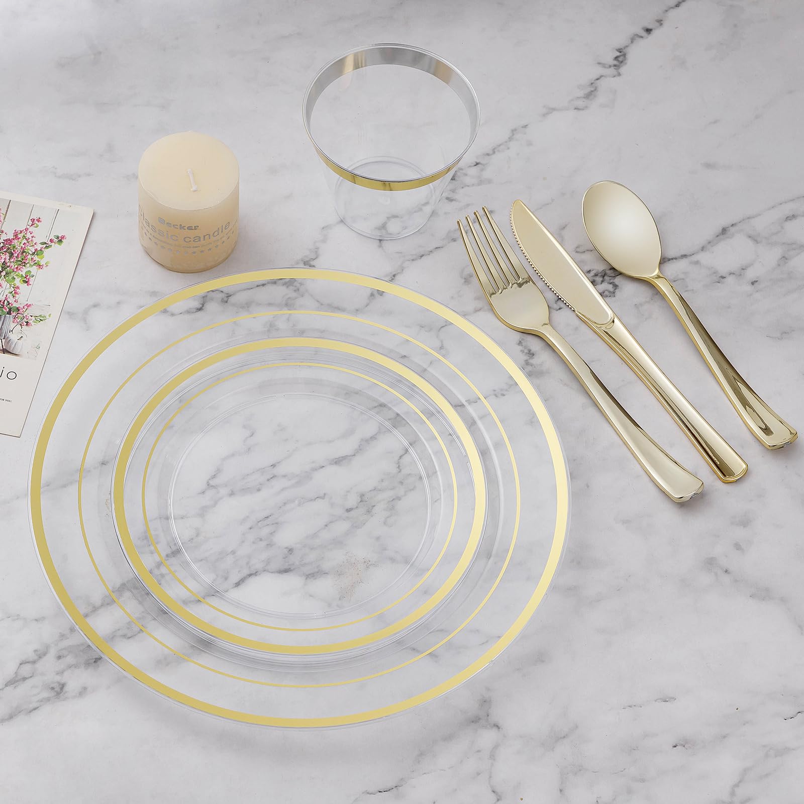 BESTVIP Disposable Dinnerware Set - Plastic Plates & Cutlery