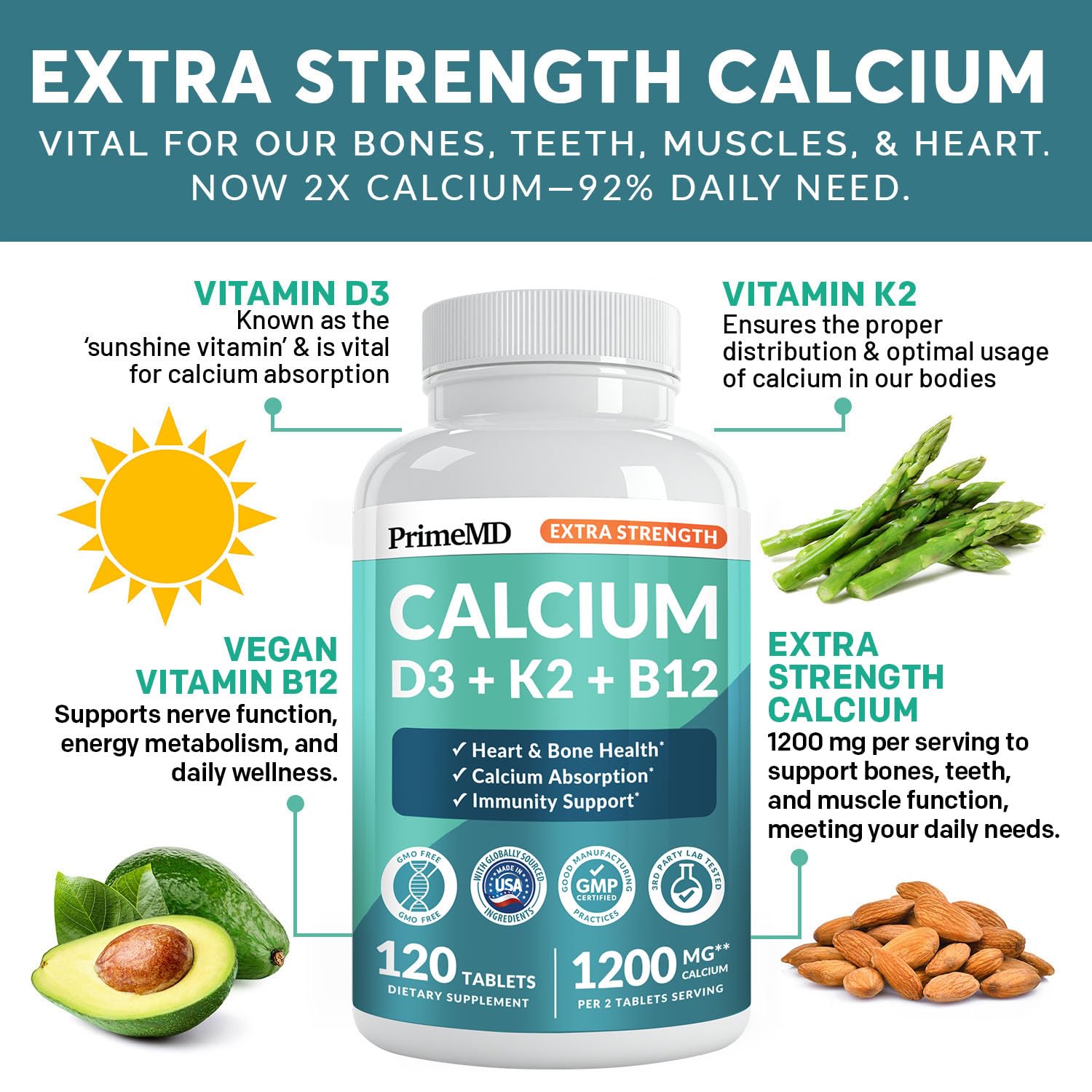Calcium Supplement 4-in-1 with D3 K2 | Vegan Gluten-Free

