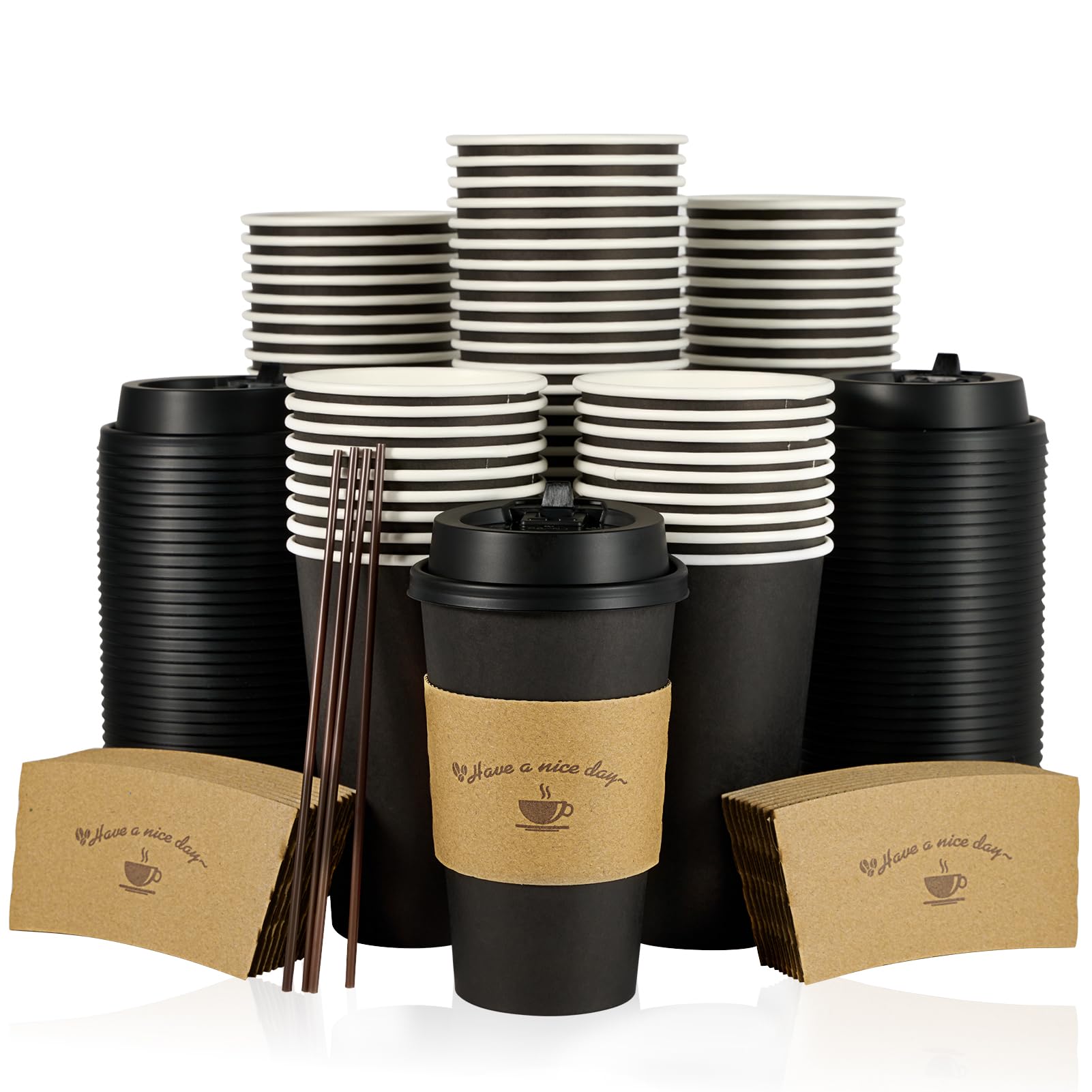 LITOPAK Disposable Paper Cups with Lids, Sleeves & Stirrers


