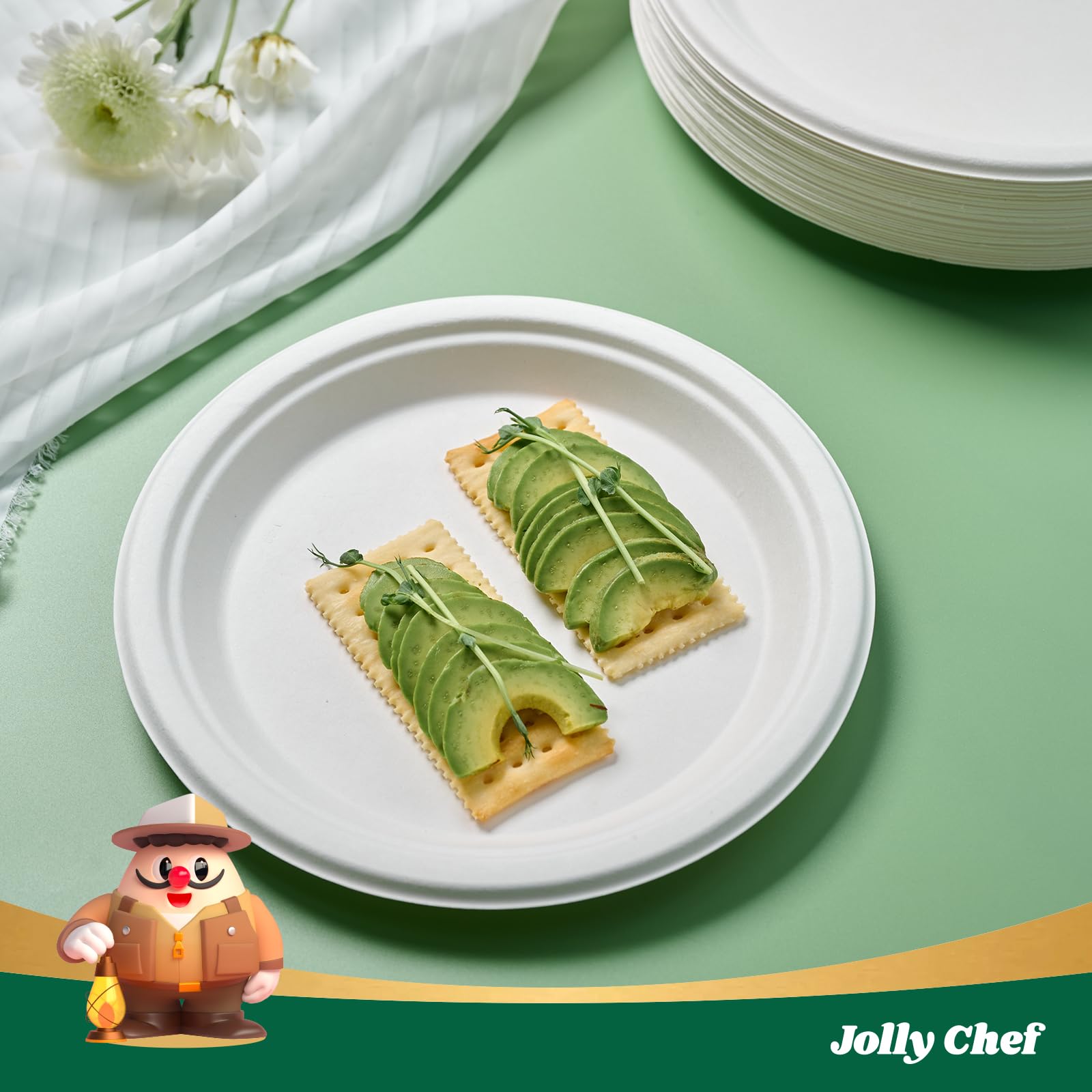 JOLLY CHEF Compostable Heavy-Duty Plates Sugarcane Fiber

