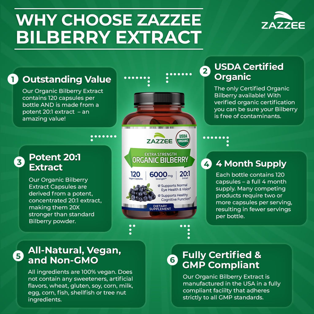 Zazzee Organic Bilberry Extract for Eye Health

