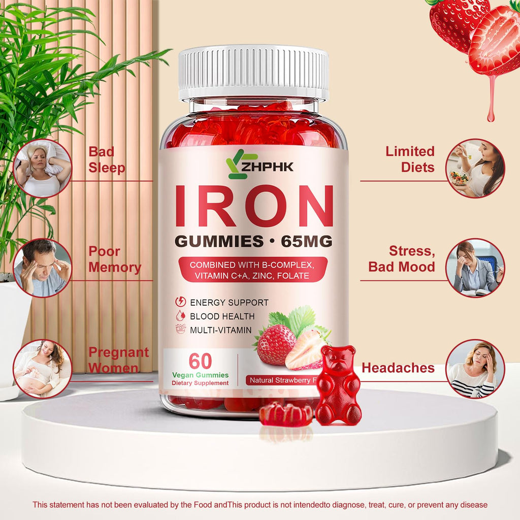 ZHPHK Iron Gummies – 65mg Iron with Folate, Gluten-Free

