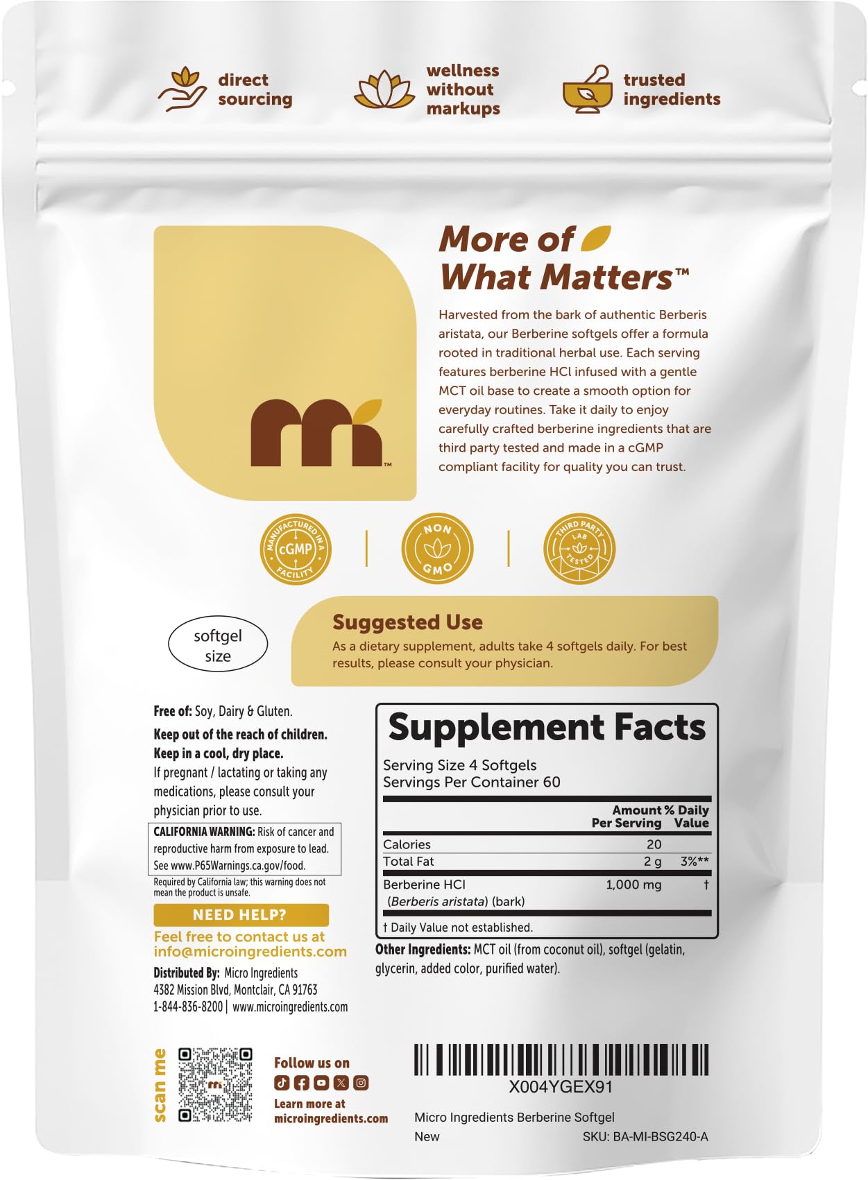 Micro Ingredients Berberine 1000mg Softgels with MCT

