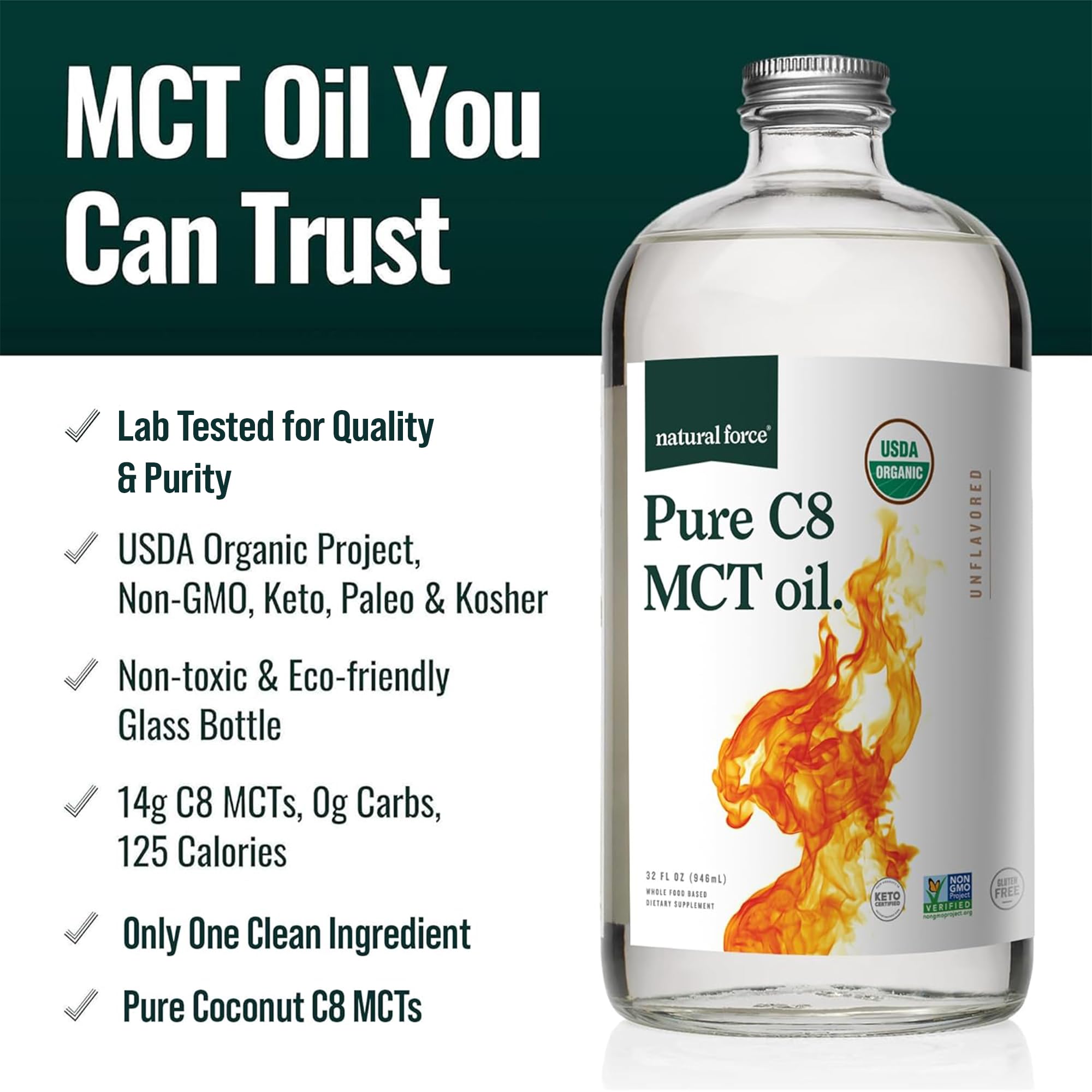 Natural Force Organic Pure C8 MCT Oil – Glass Bottle

