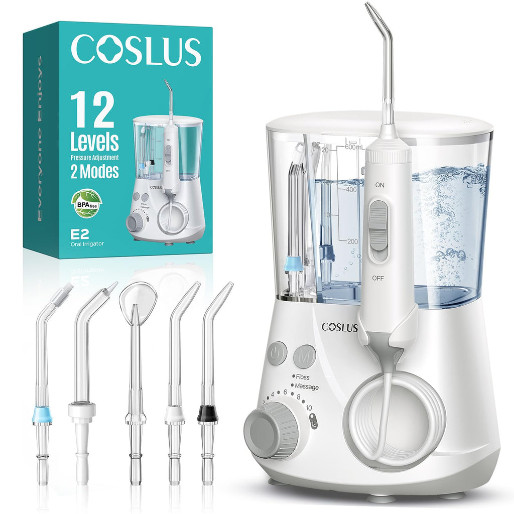 COSLUS E2 Water Flosser – 2 Modes, 12 Settings, 5 Tips

