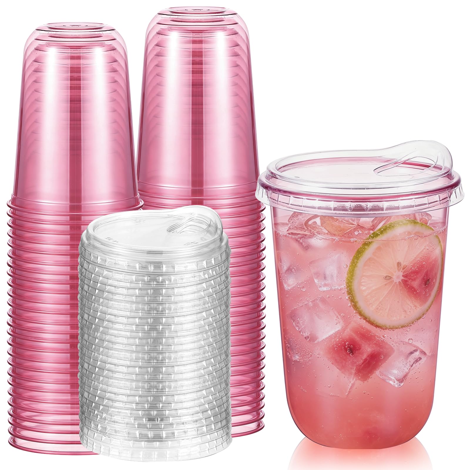 Baderke Disposable Cups with Sip Lids - Round Bottom Plastic Cups