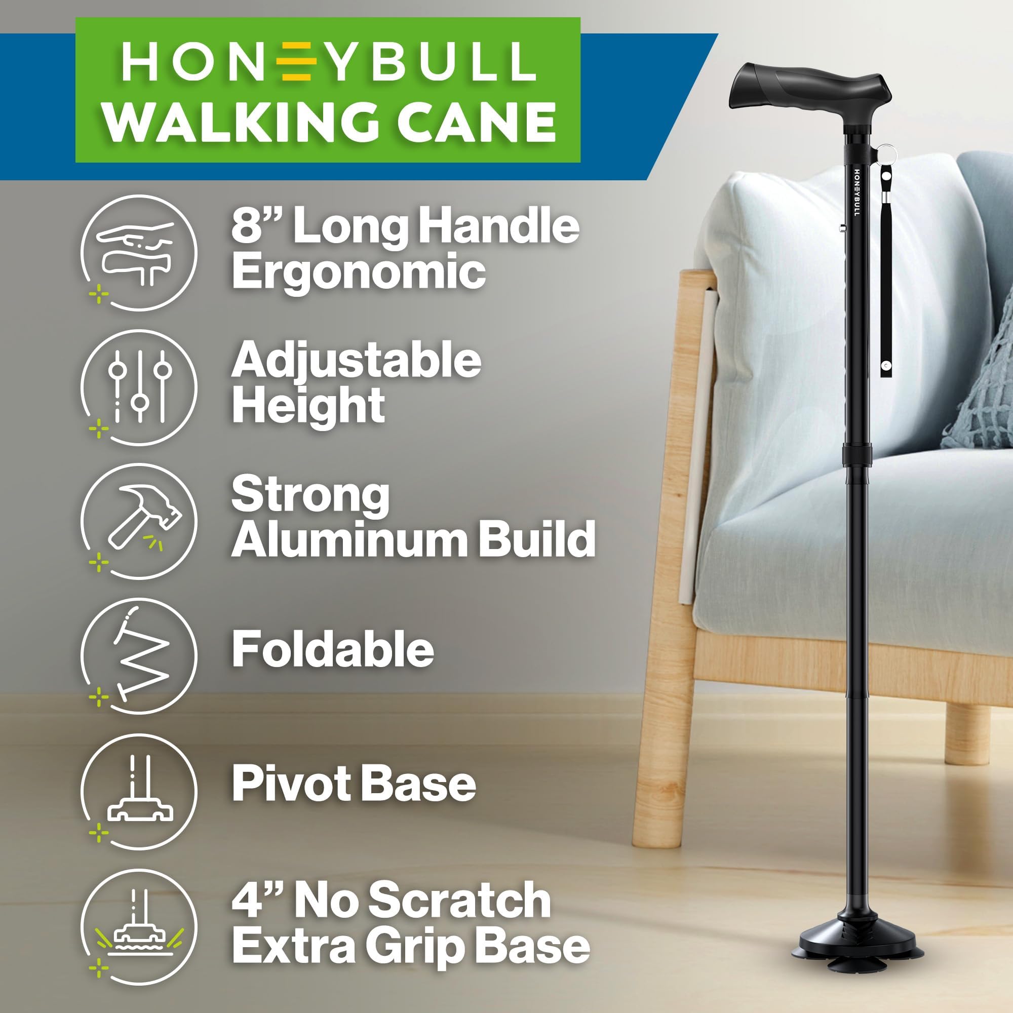 HONEYBULL Folding Walking Cane - Adjustable All Terrain

