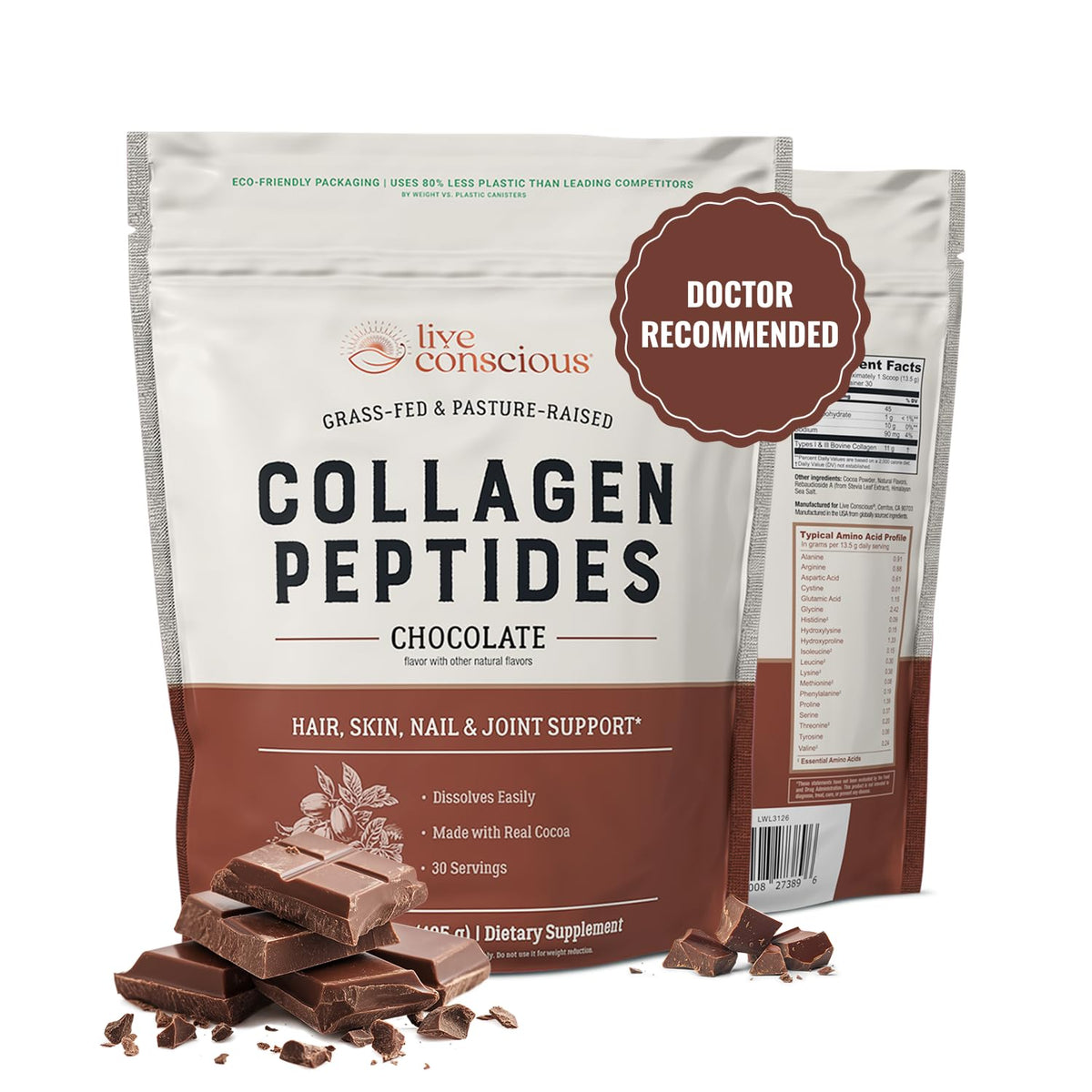 Live Conscious Collagen Peptides Powder – Hydrolyzed Type I & III, Grass-Fed