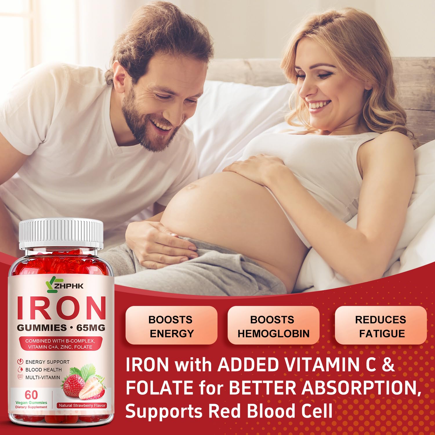 ZHPHK Iron Gummies – 65mg Iron with Folate, Gluten-Free

