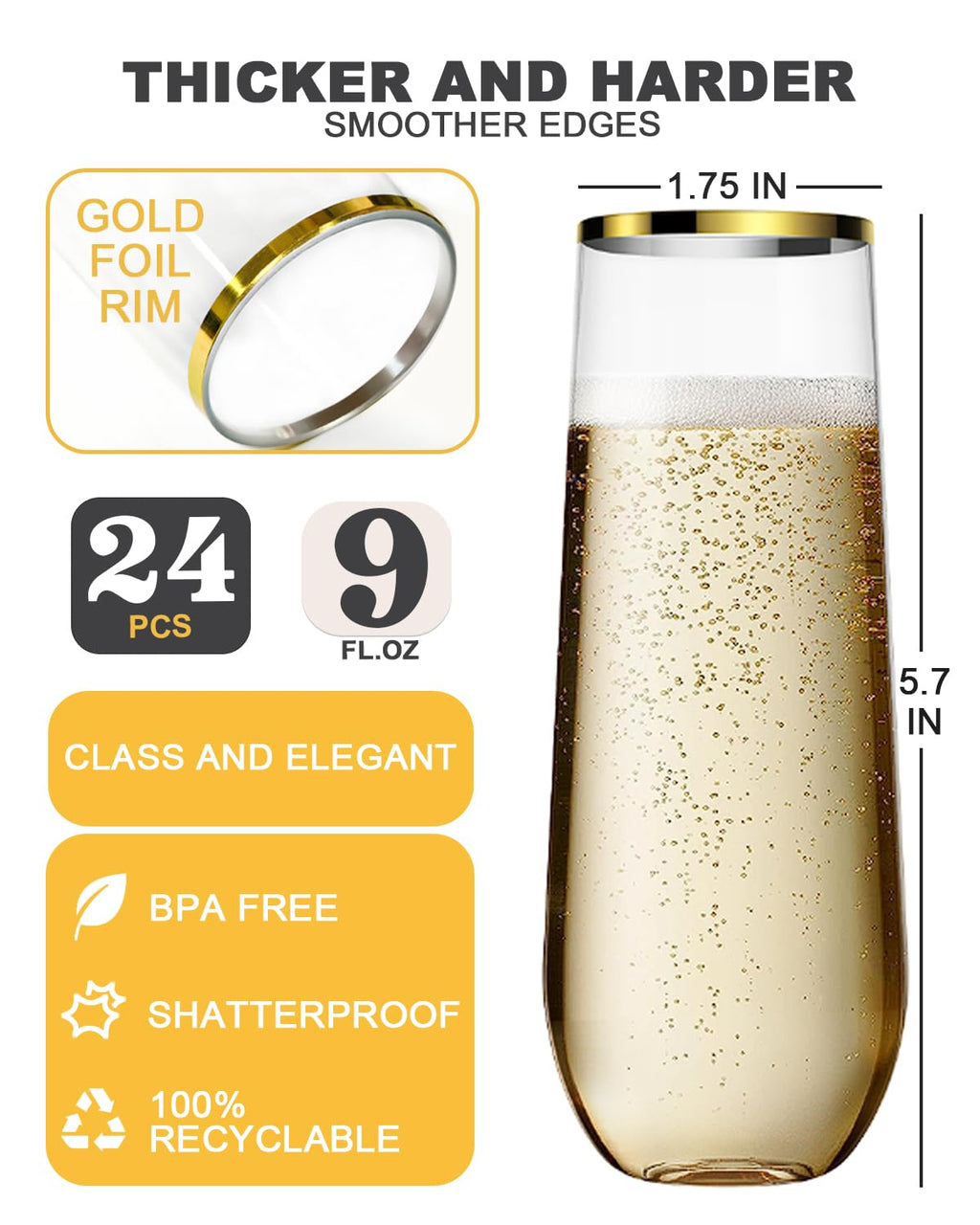 Maaacute Plastic Champagne Flutes Stemless BPA-Free

