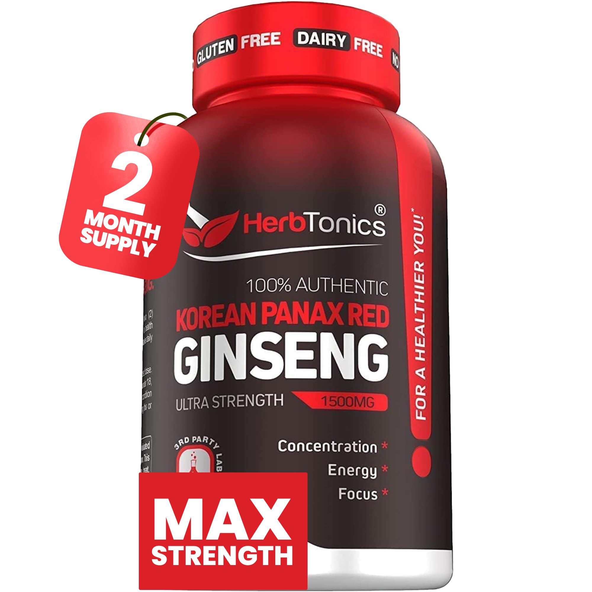 Herbtonics Korean Red Panax Ginseng 1500mg - Energy & Focus

