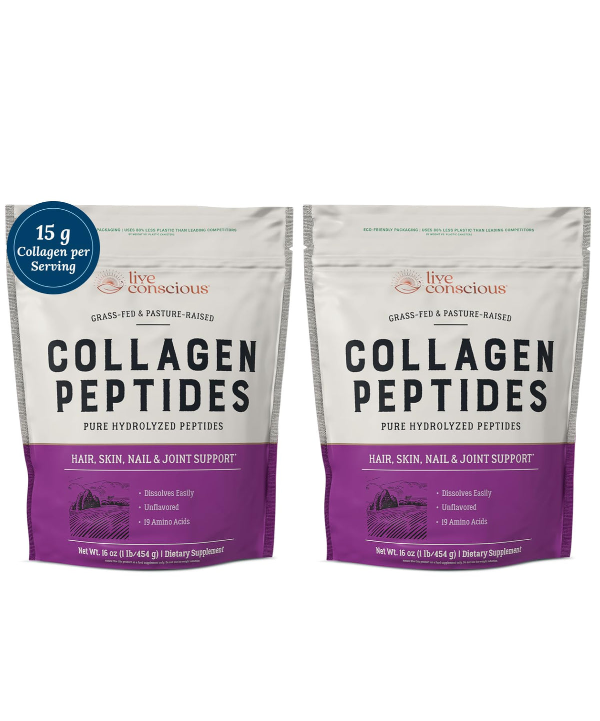 Live Conscious Collagen Peptides Powder – Hydrolyzed Type I & III, Grass-Fed