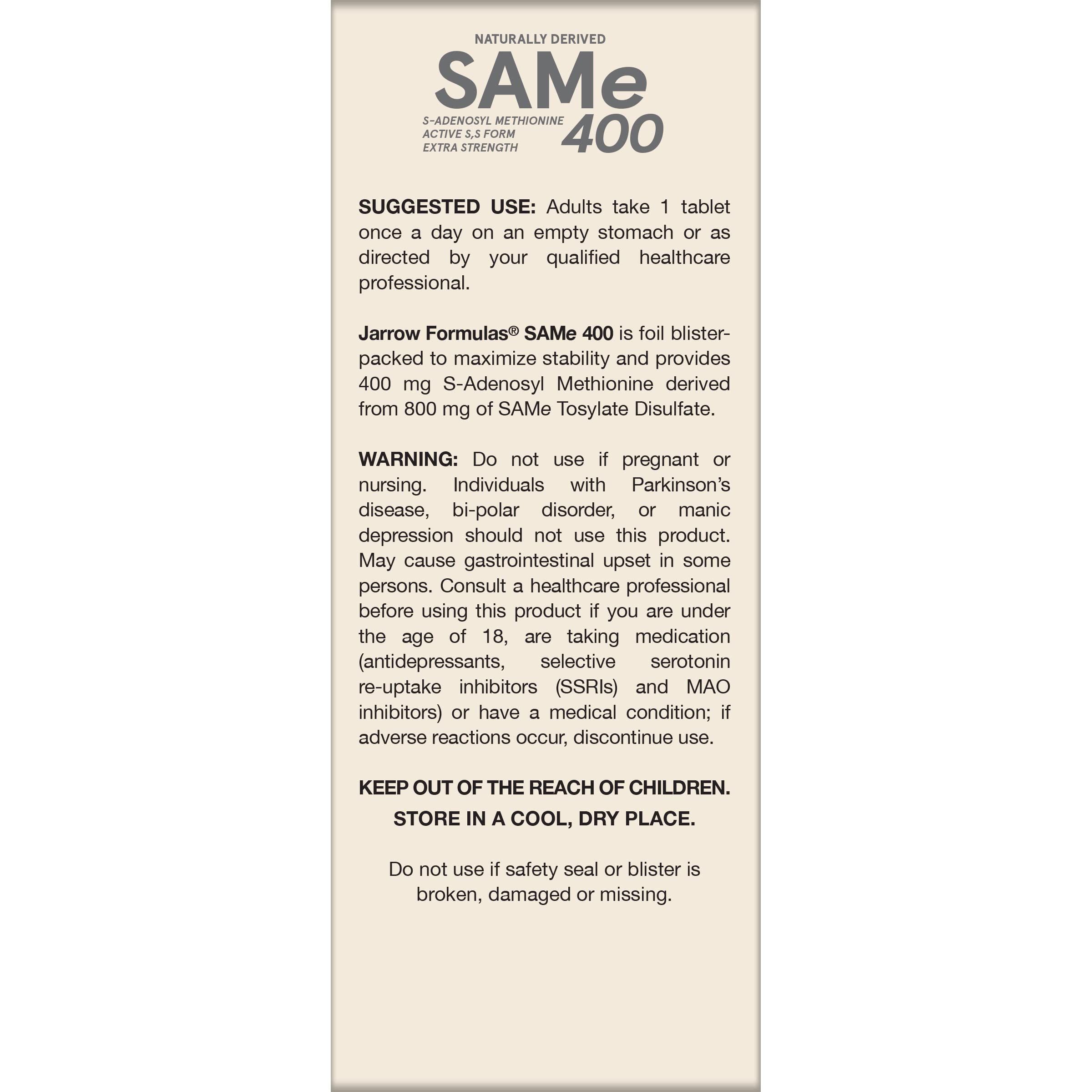 Jarrow SAM-e 400 mg Supplement for Joint Health & Mood

