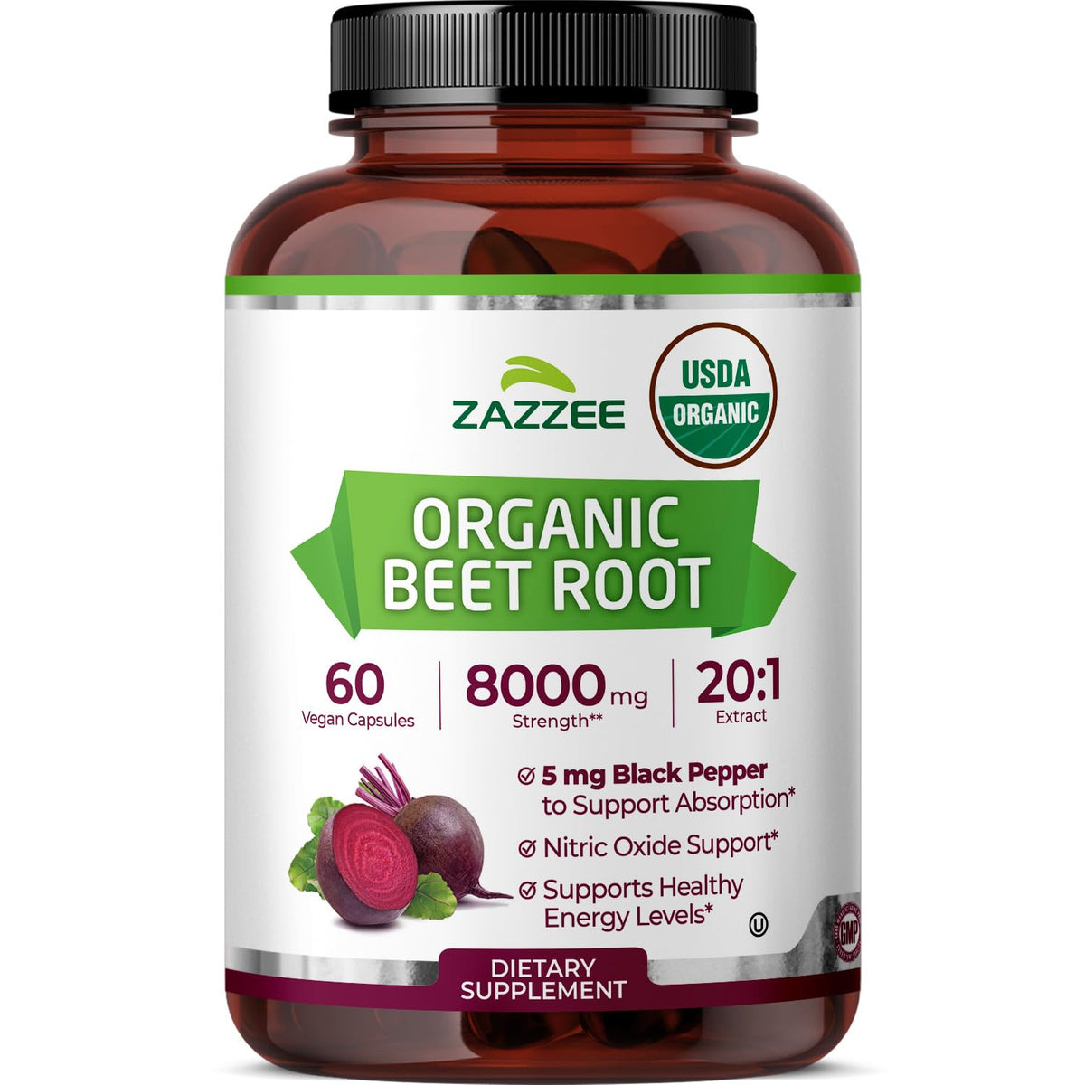 Zazzee USDA Organic Beet Root Extract 20:1 Capsules Nitric Oxide Support