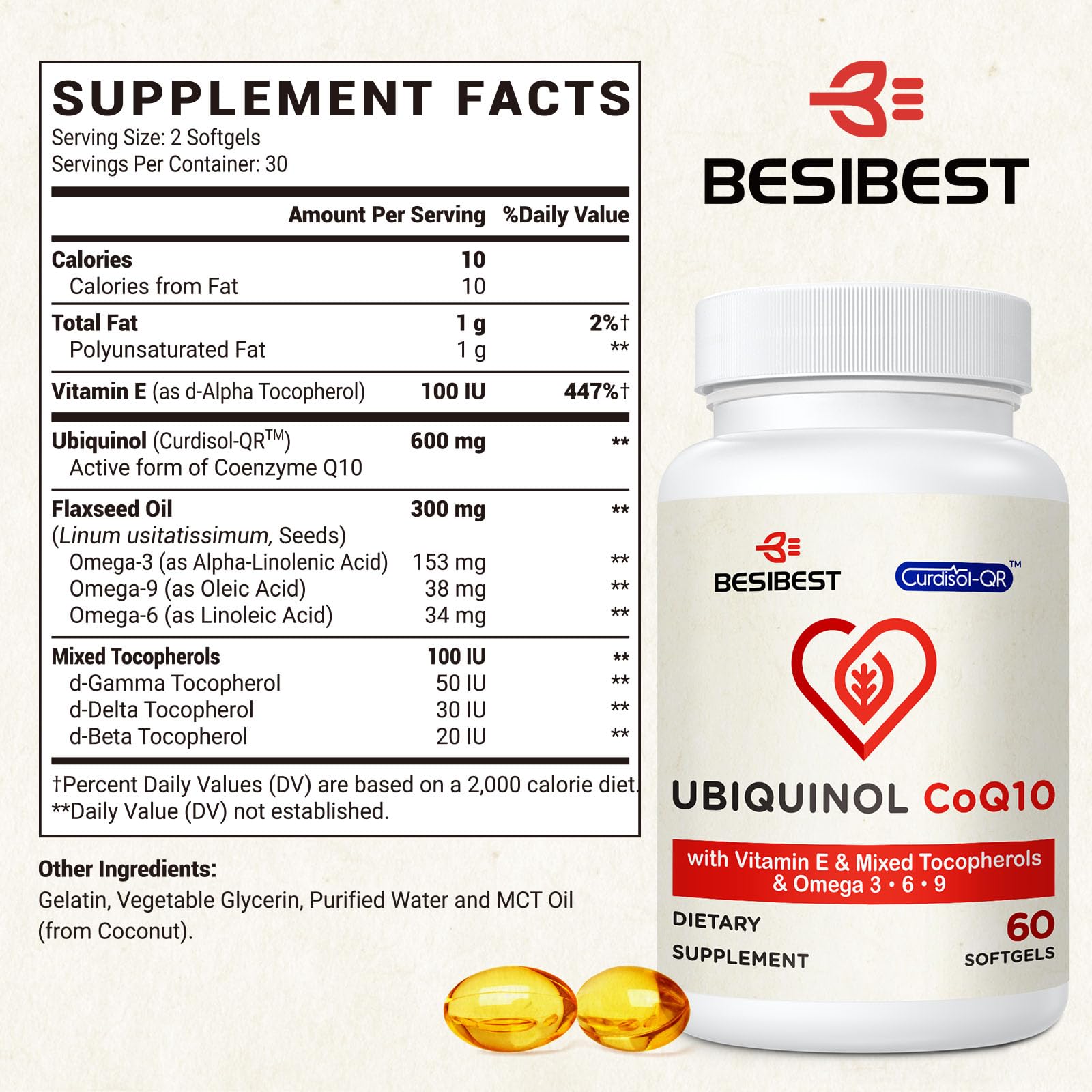 Besibest Ubiquinol CoQ10 600mg Softgels with Vitamin E

