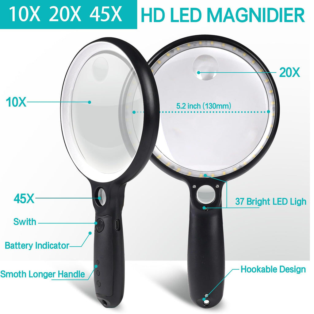 Lighted Magnifying Glass 5.2-Inch with Rechargeable Battery

