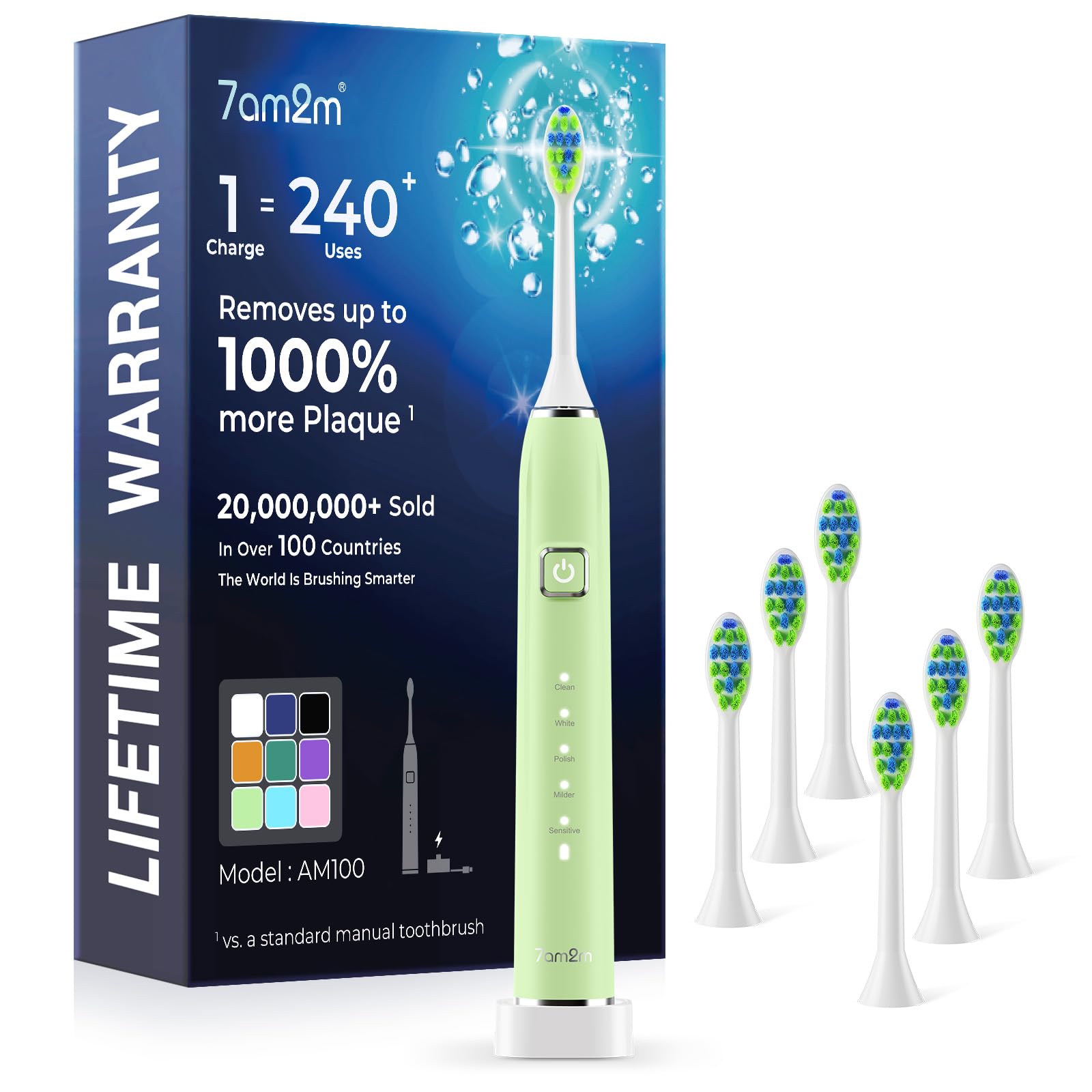 7AM2M Sonic Electric Toothbrush with 6 Brush Heads, 120-Day Battery, 5 Modes