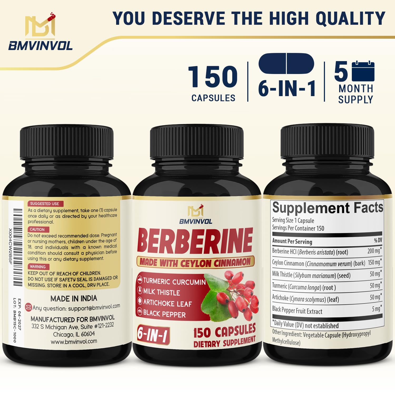 BMVINVOL Berberine Capsules with Cinnamon Turmeric

