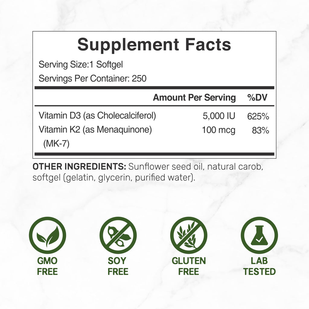 Deal Supplement Vitamin D3 + K2 MK7 Softgels | 5,000 IU

