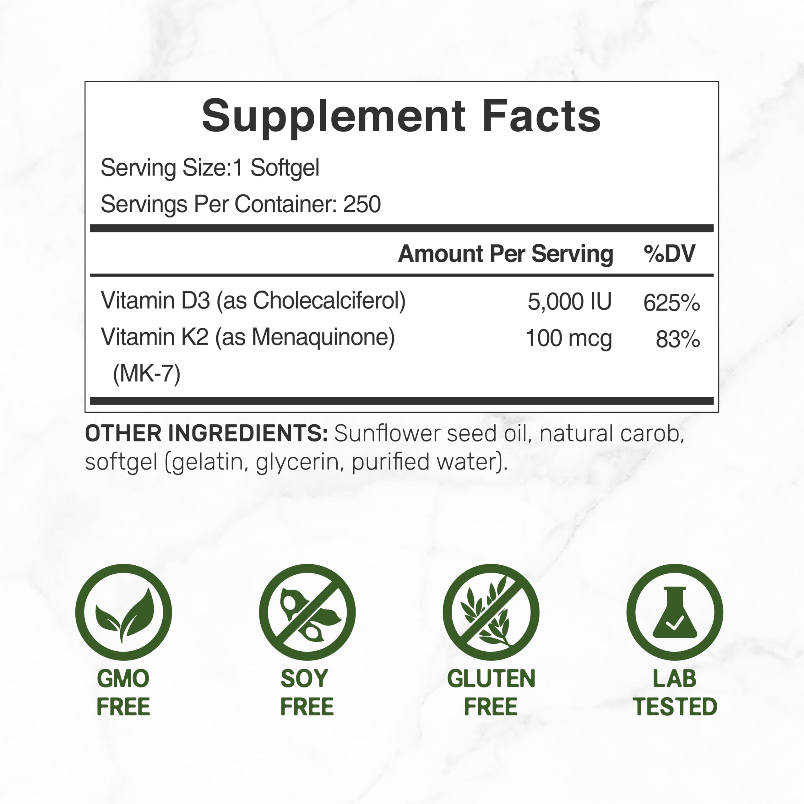 Deal Supplement Vitamin D3 + K2 MK7 Softgels | 5,000 IU

