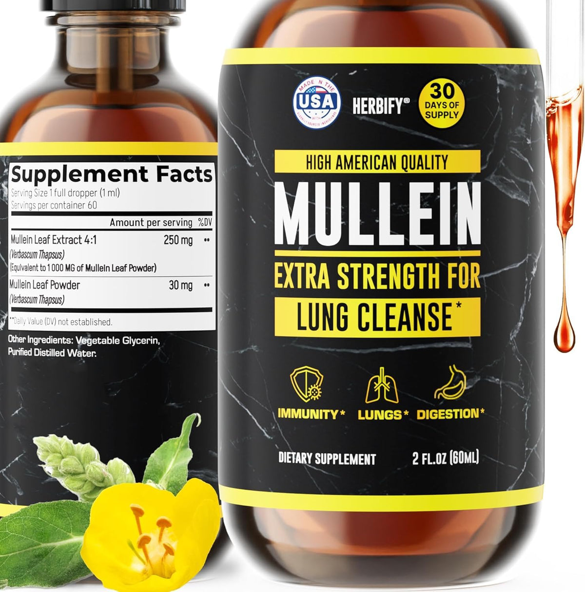 Herbify Mullein Drops Lung Cleanse - Leaf Extract for Respiratory Support
